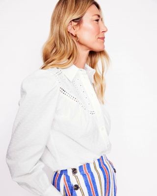 Broderie Contrast Yoke Shirt-White