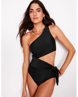 Asym Cut Tie Swimsuit-Black