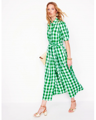 Alexa Linen Maxi Shirt Dress-Rich Emerald Gingham