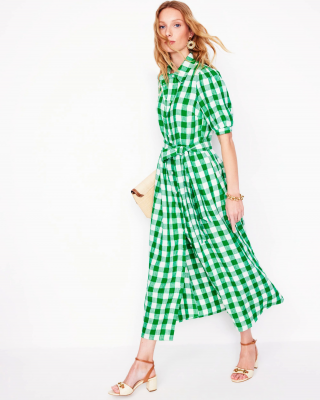 Alexa Linen Maxi Shirt Dress-Rich Emerald Gingham