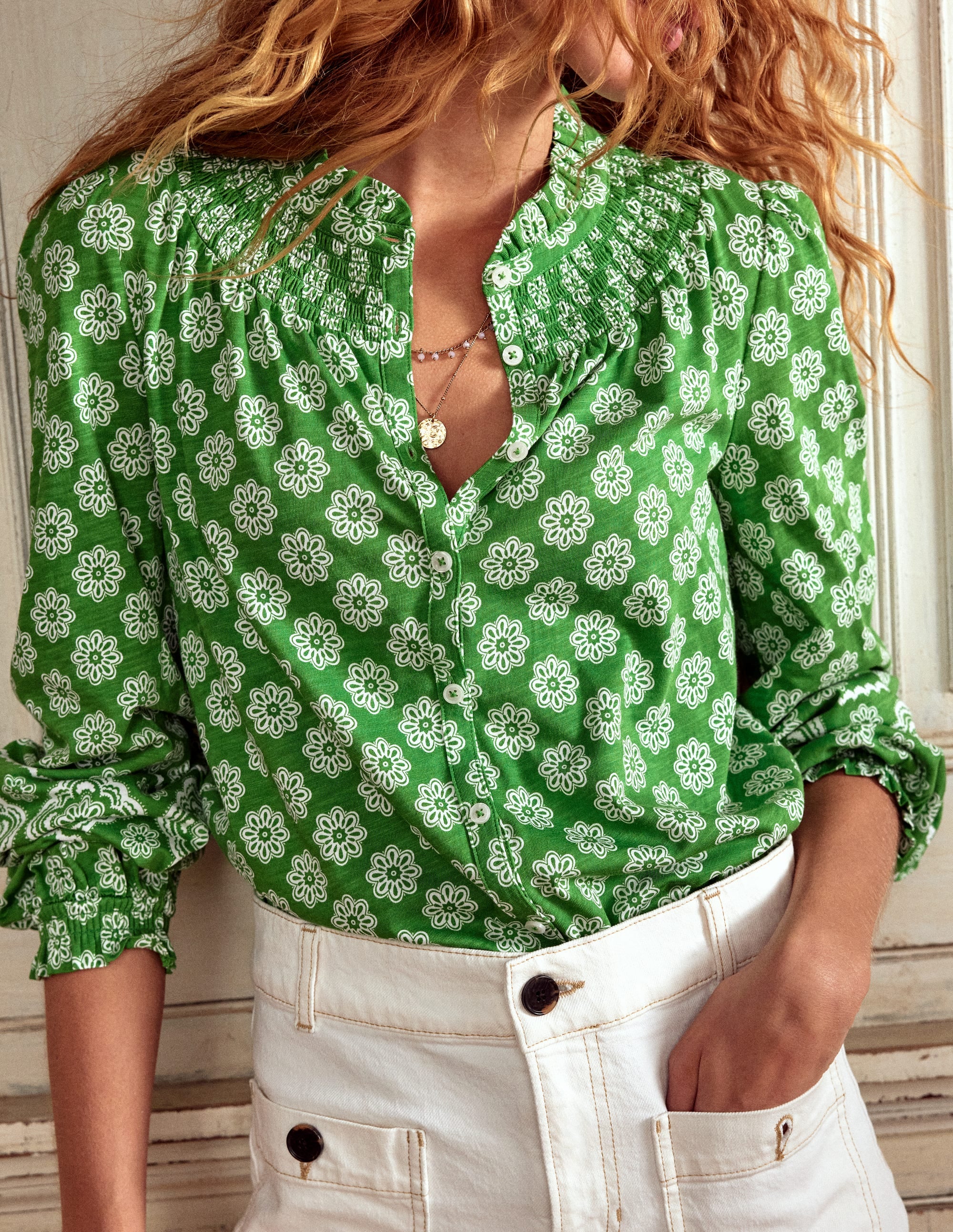 Smocked Jersey Shirt-Paradise Green, Botanic Blush