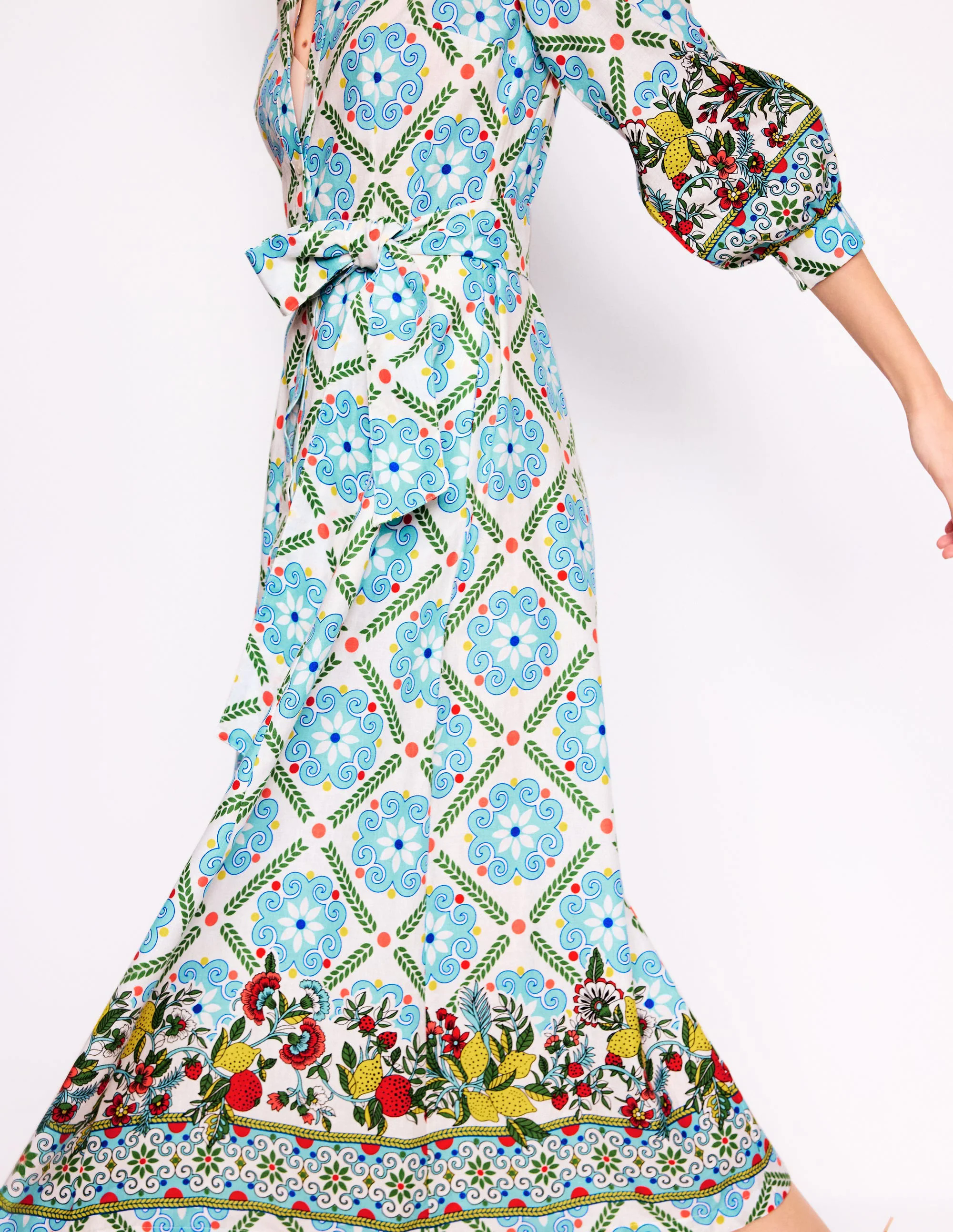  Linen Blend Shirt Dress-Multi, Citrus Vine Tile