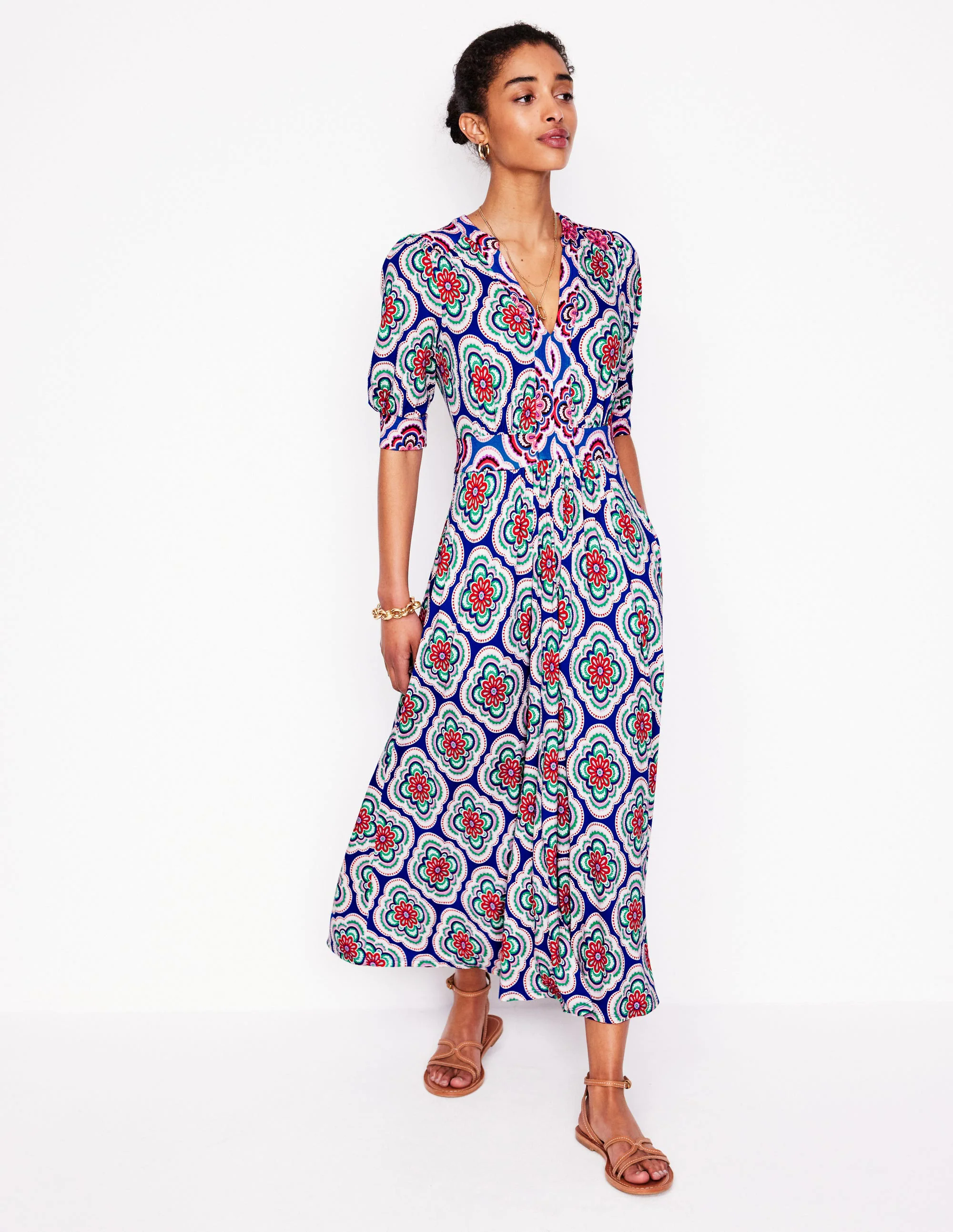 Lily Jersey Midi Tea Dress-Bright Blue, Botanic Blush Lily Jersey Midi Tea Dress-Bright Blue, Botanic Blush