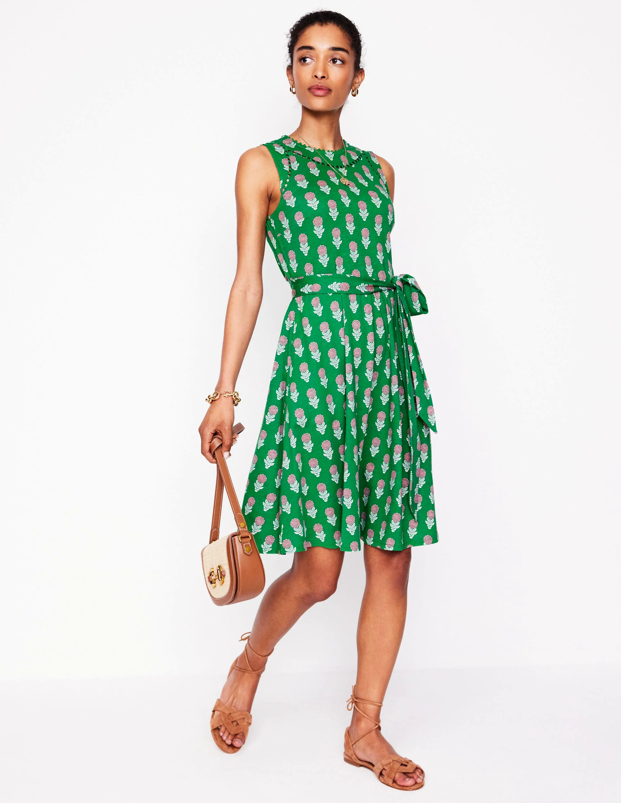 Mila Trim Short Jersey Dress-Rich Emerald, Dahlia Sprig Mila Trim Short Jersey Dress-Rich Emerald, Dahlia Sprig