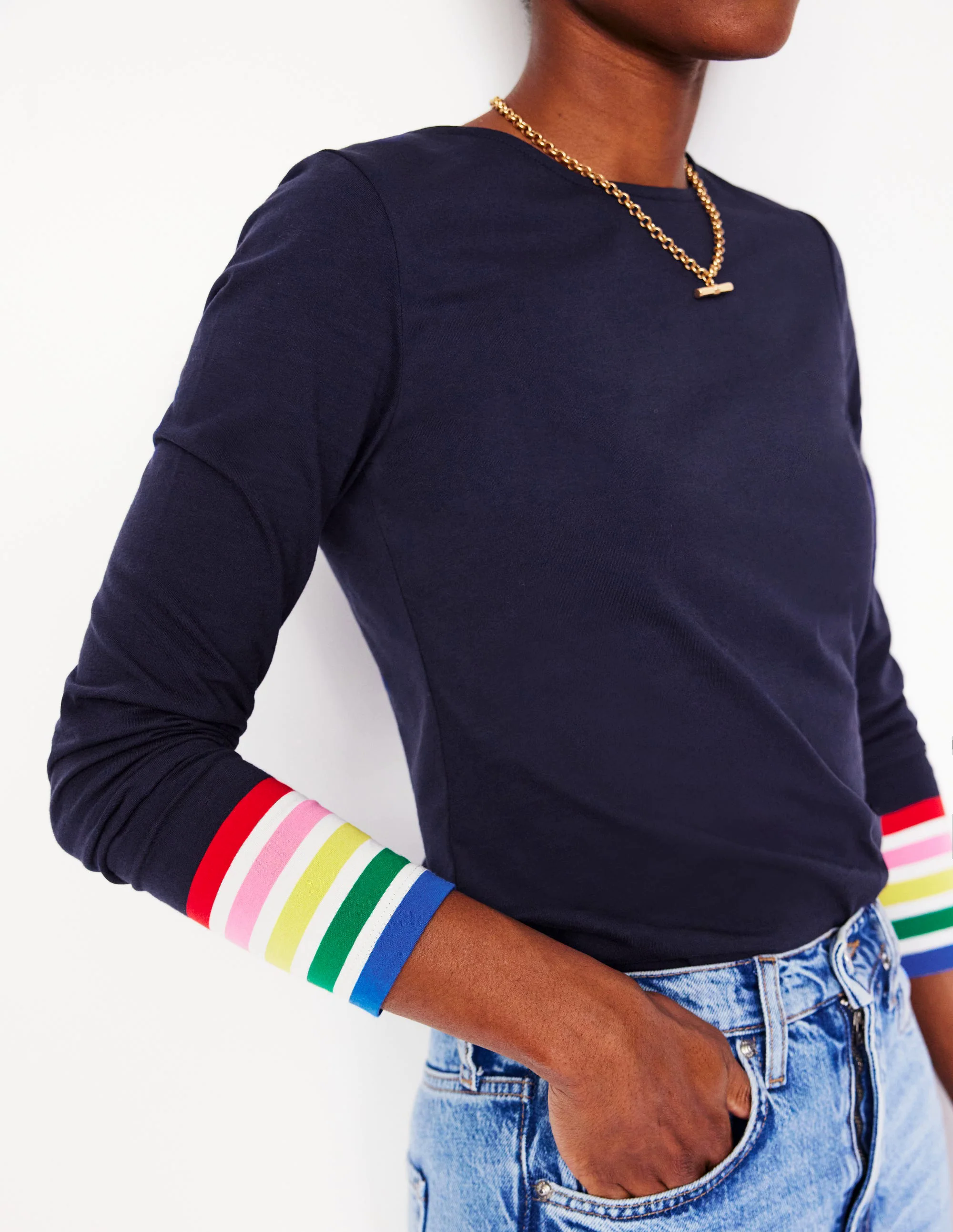 Stripe Cuff Top-Navy Rainbow Stripe Cuff Stripe Cuff Top-Navy Rainbow Stripe Cuff