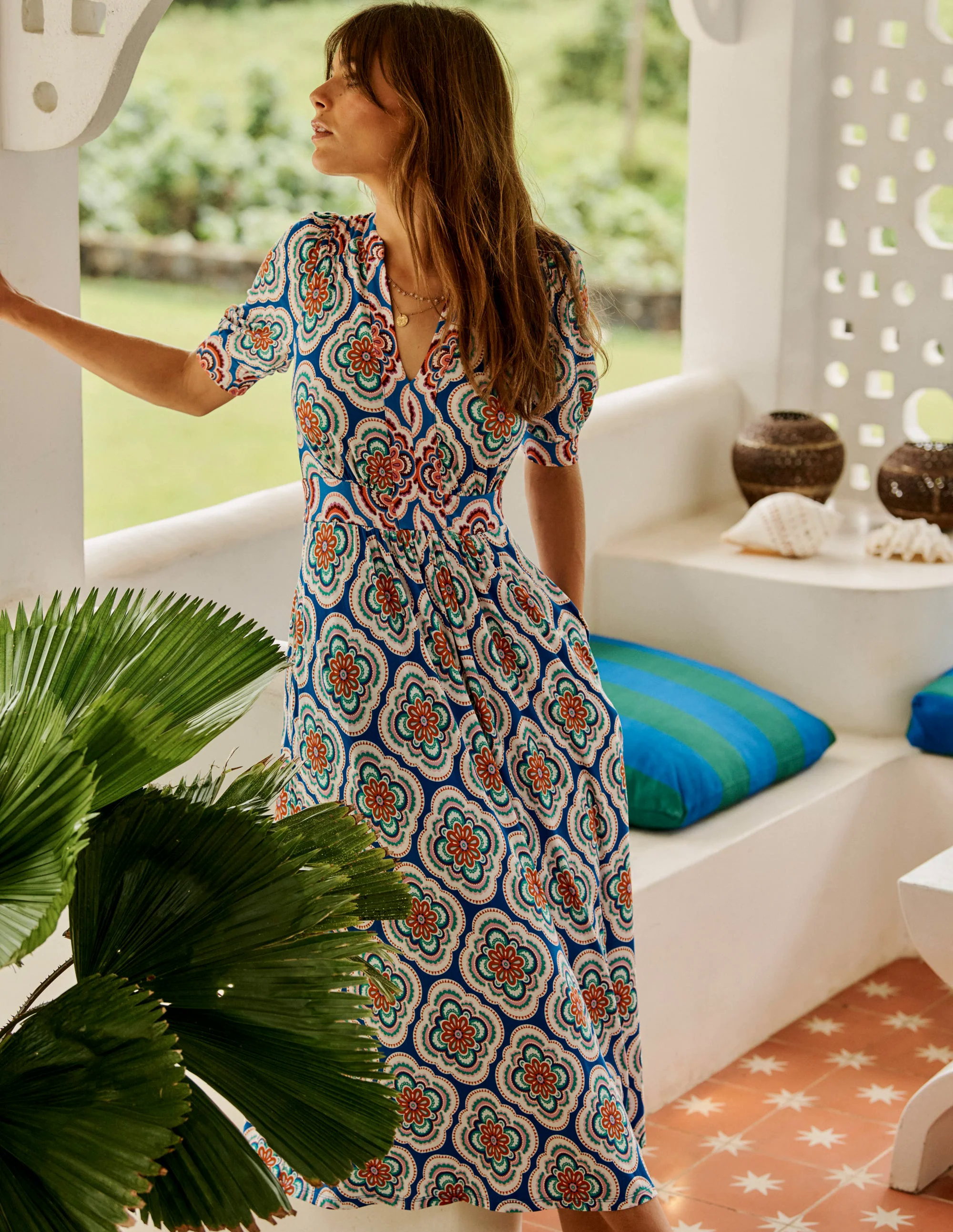 Lily Jersey Midi Tea Dress-Bright Blue, Botanic Blush Lily Jersey Midi Tea Dress-Bright Blue, Botanic Blush