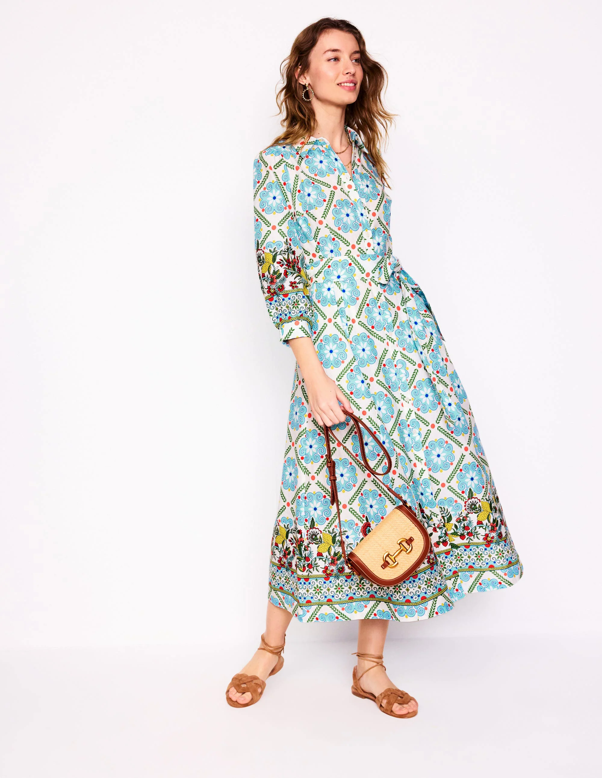  Linen Blend Shirt Dress-Multi, Citrus Vine Tile