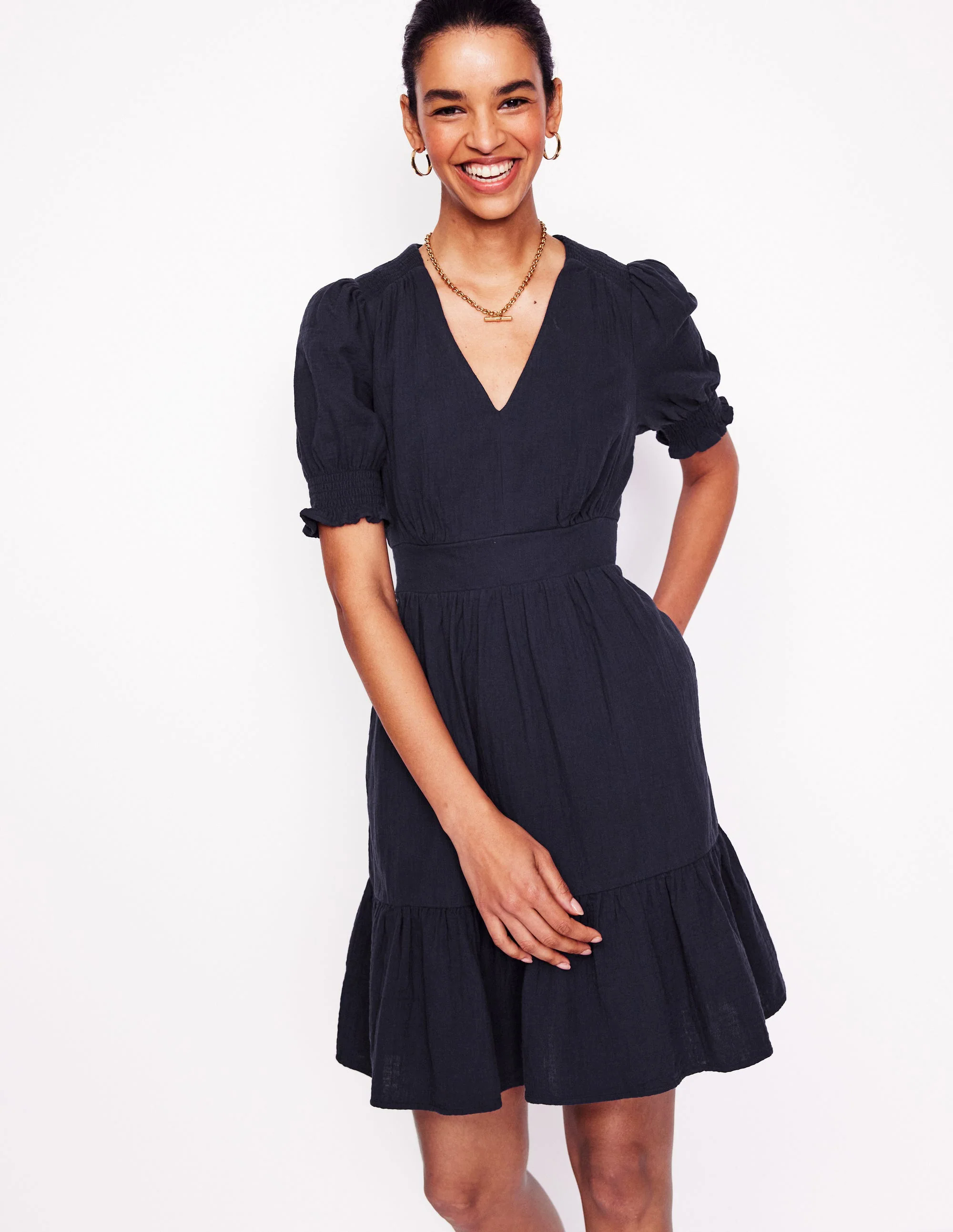  Double Cloth Short Dress-Navy