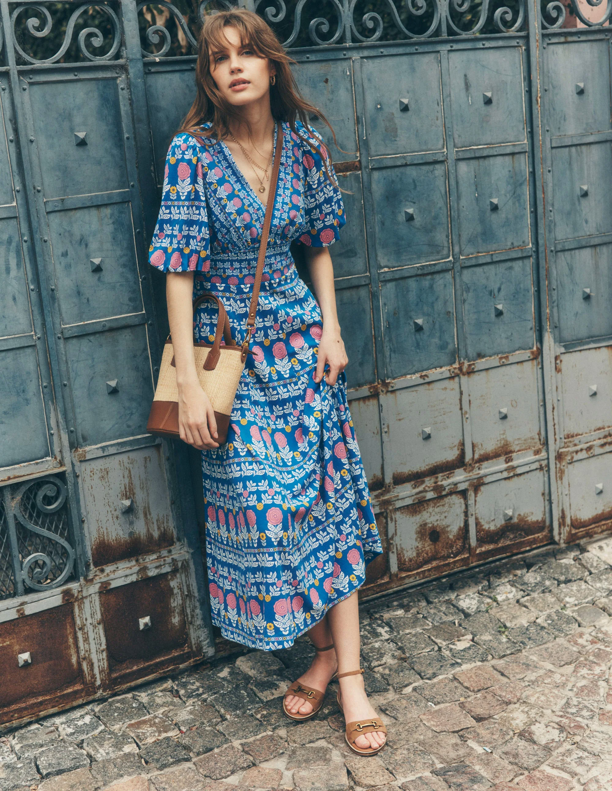 Puff Sleeve Tea Dress-Gallery Blue, Dahlia Garden