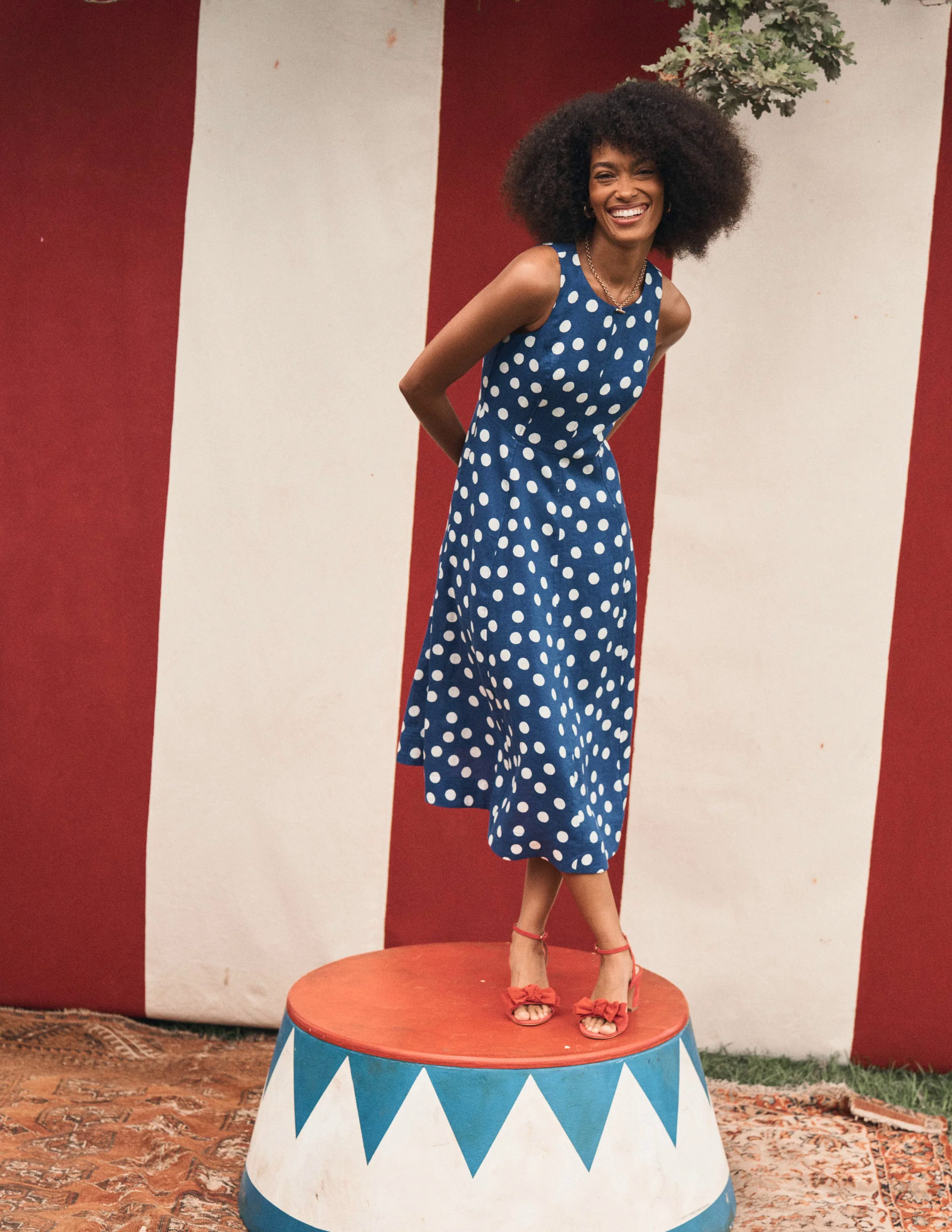 Linen Midi Dress-Starboard Blue, Painted Dot