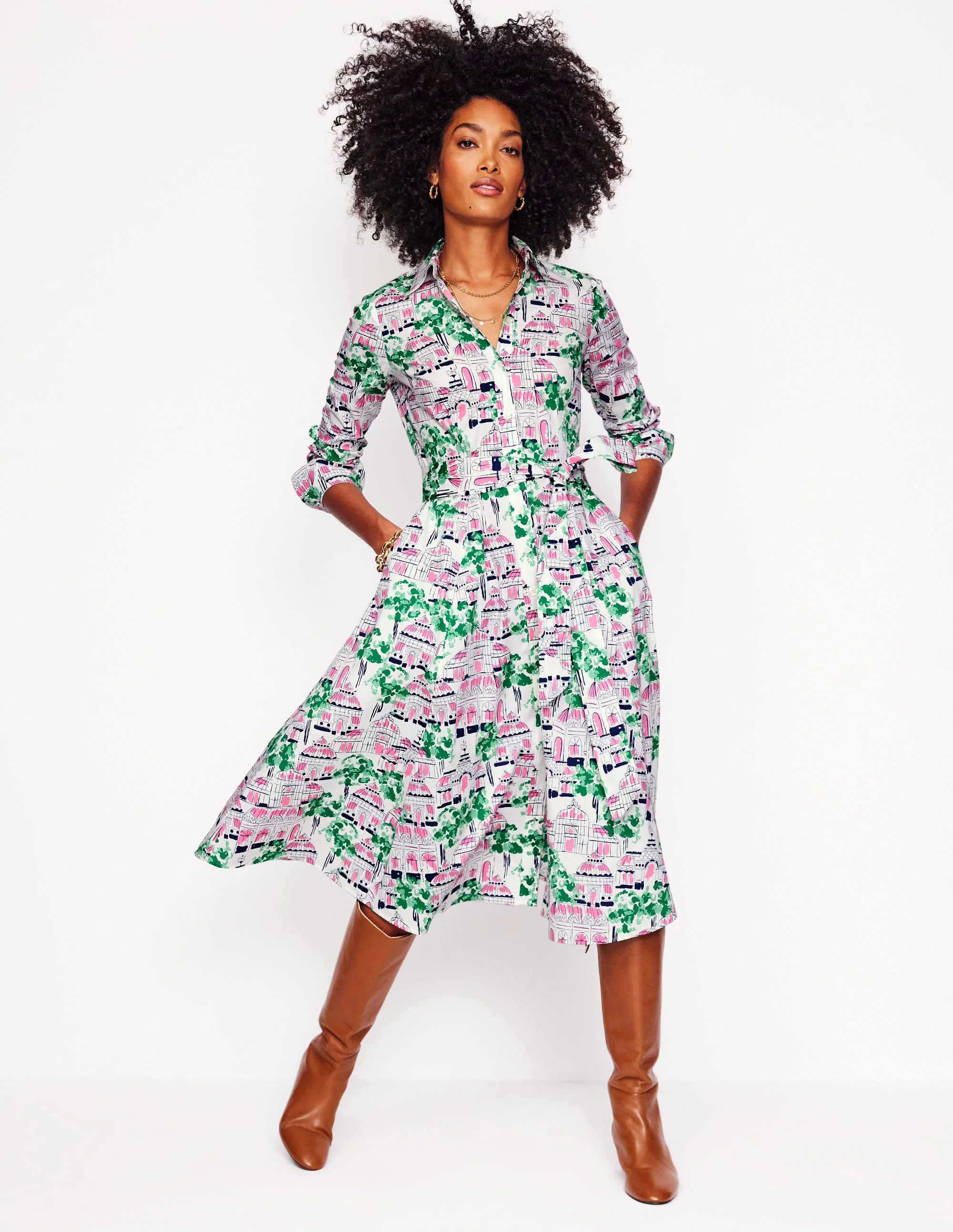  Cotton Midi Shirt Dress-Ivory, Botanical Greenhouse