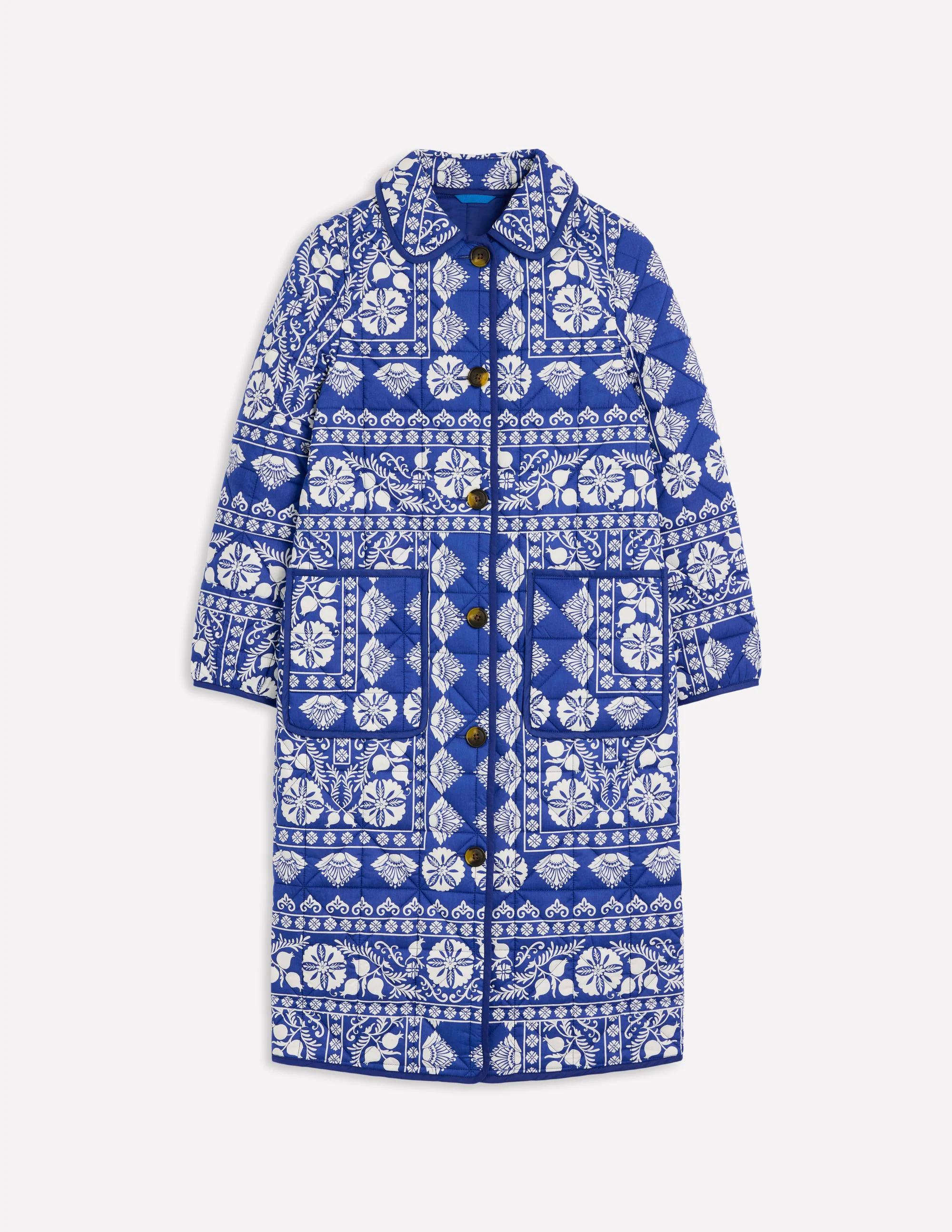 Soft Quilted Coat-Bright Blue, Ornate Border Soft Quilted Coat-Bright Blue, Ornate Border