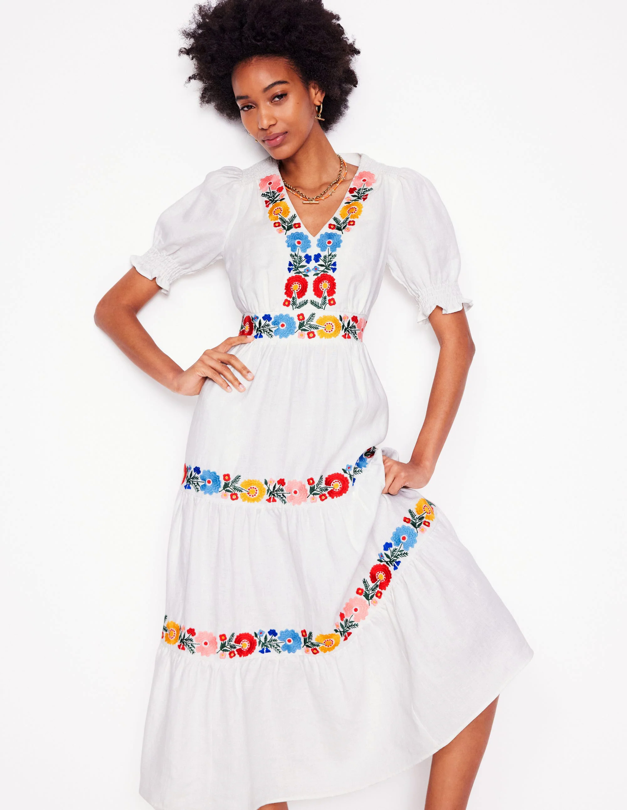  Linen Tiered Midi Dress-White, Multi Embroidery