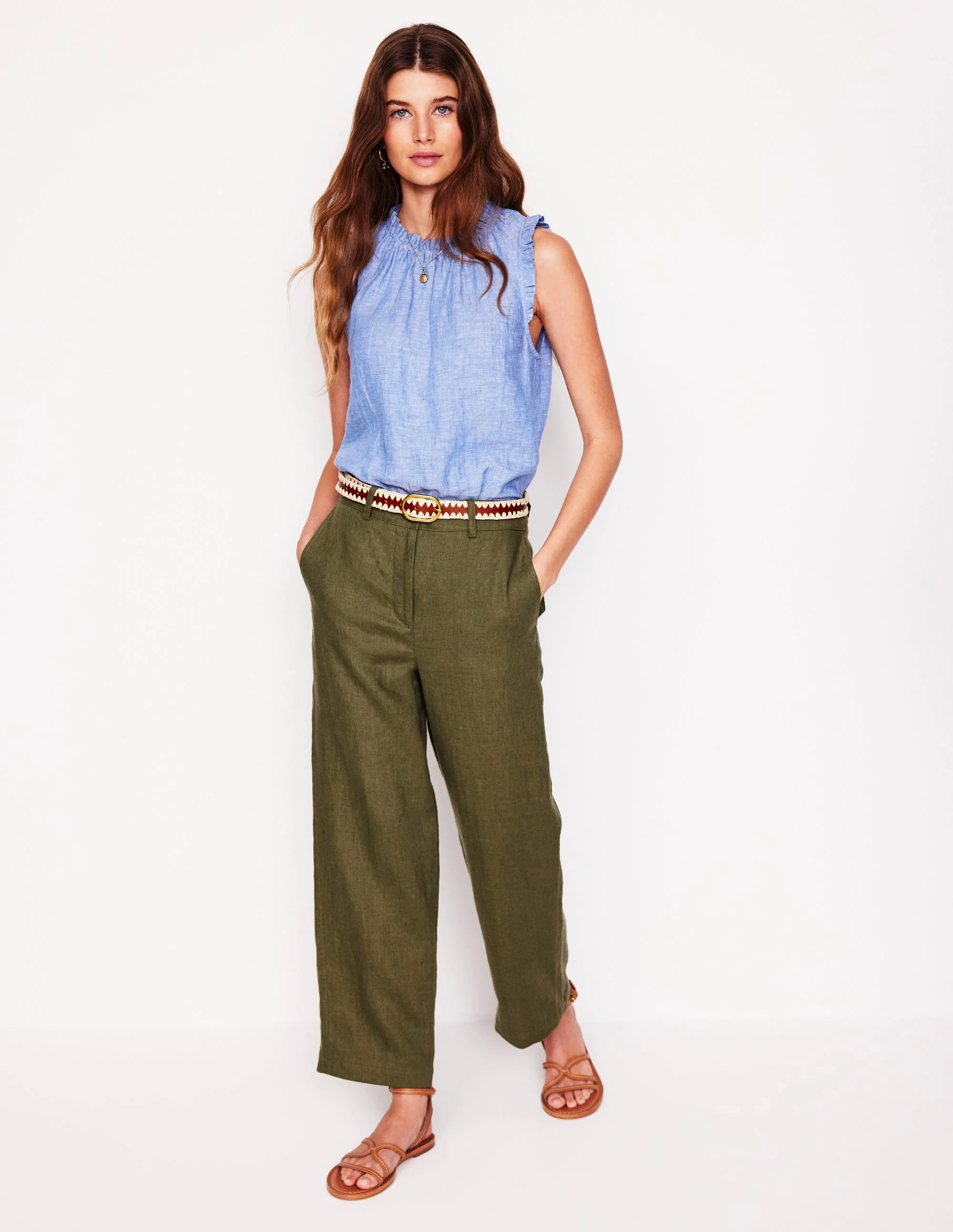  Crop Linen Pants-Woodland Green