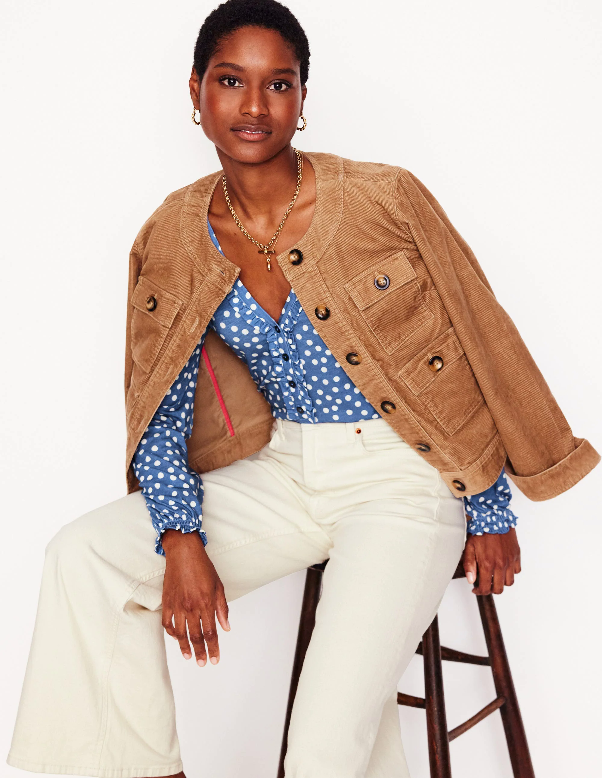 Ruffled Henley Top-Blue River, Abstract Spot