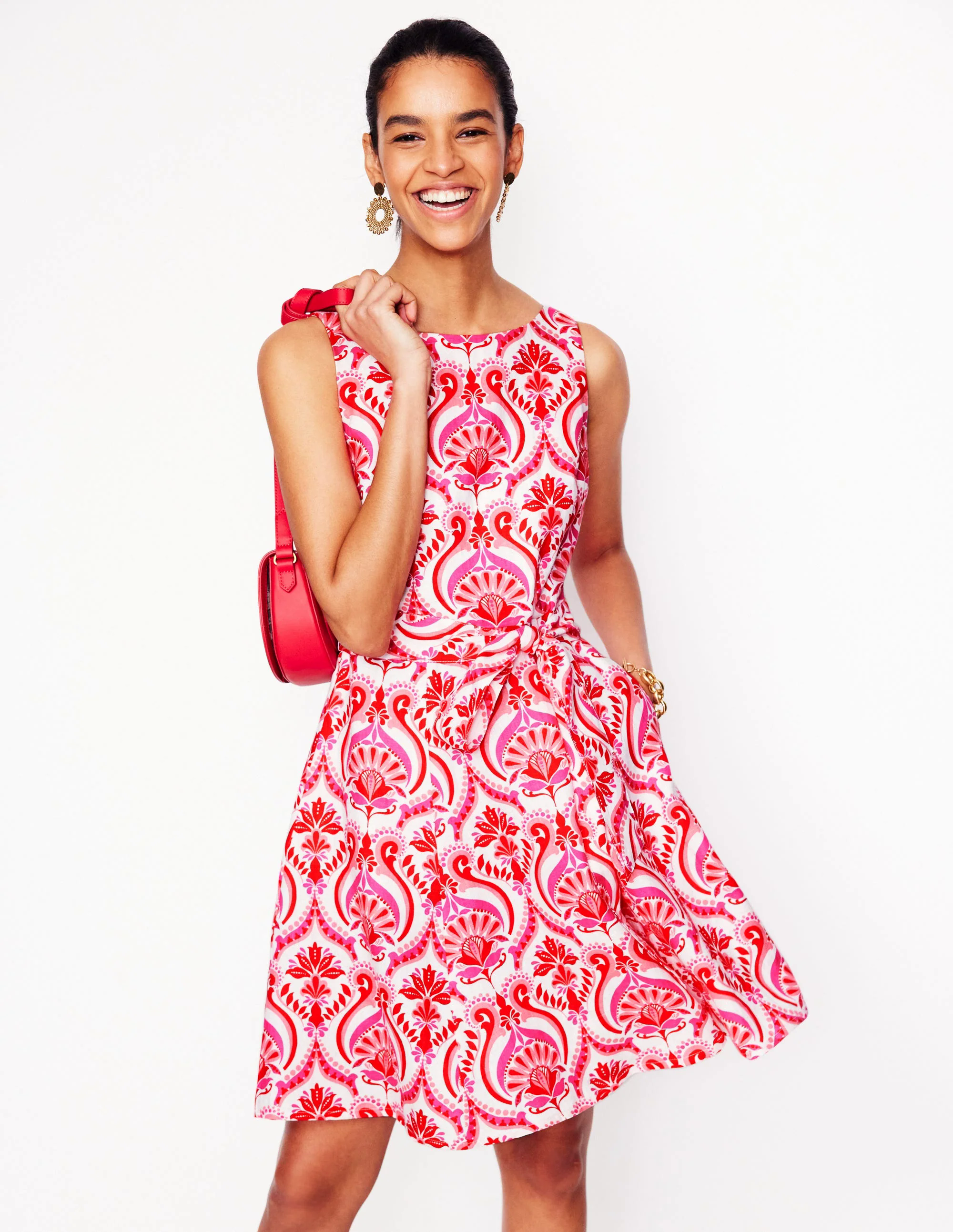  Sleeveless Linen Dress-Poppy Red, Ornamental Floral
