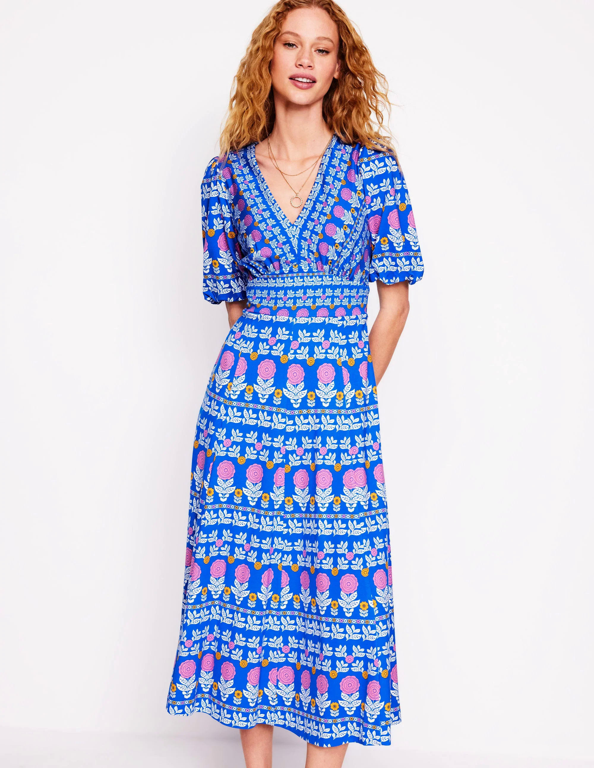  Puff Sleeve Tea Dress-Gallery Blue, Dahlia Garden