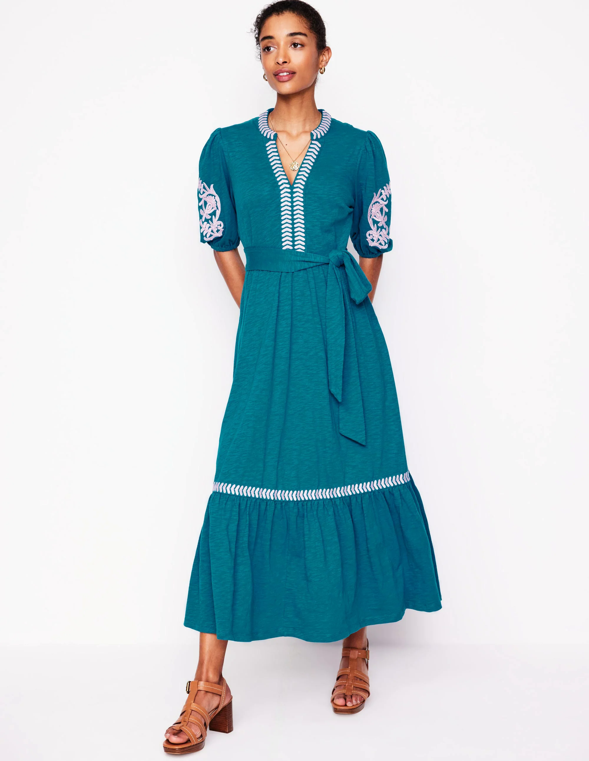 Embroidered Jersey Dress-Deep Sea, Meadowsweet Pink