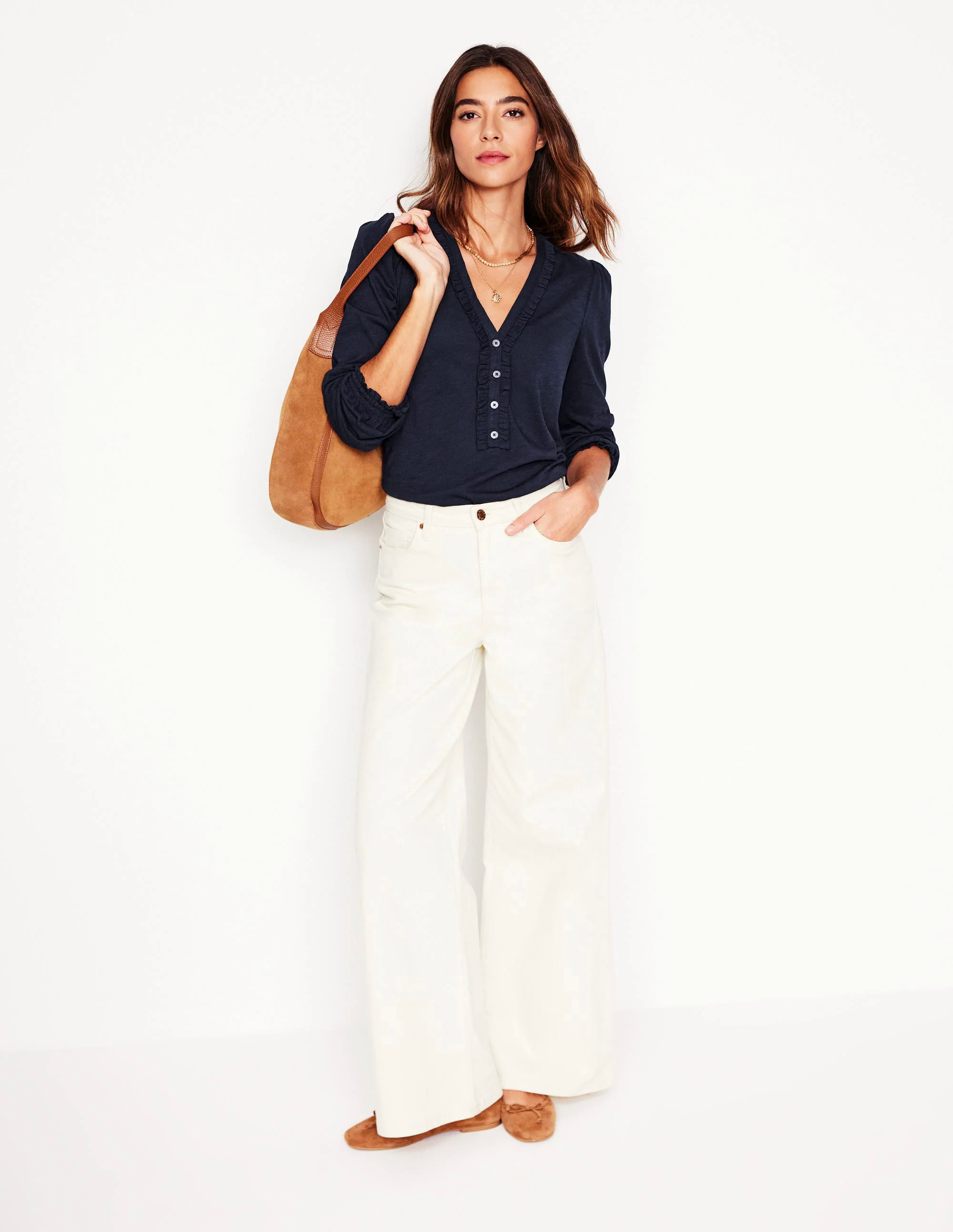 Ruffled Henley Top-Navy