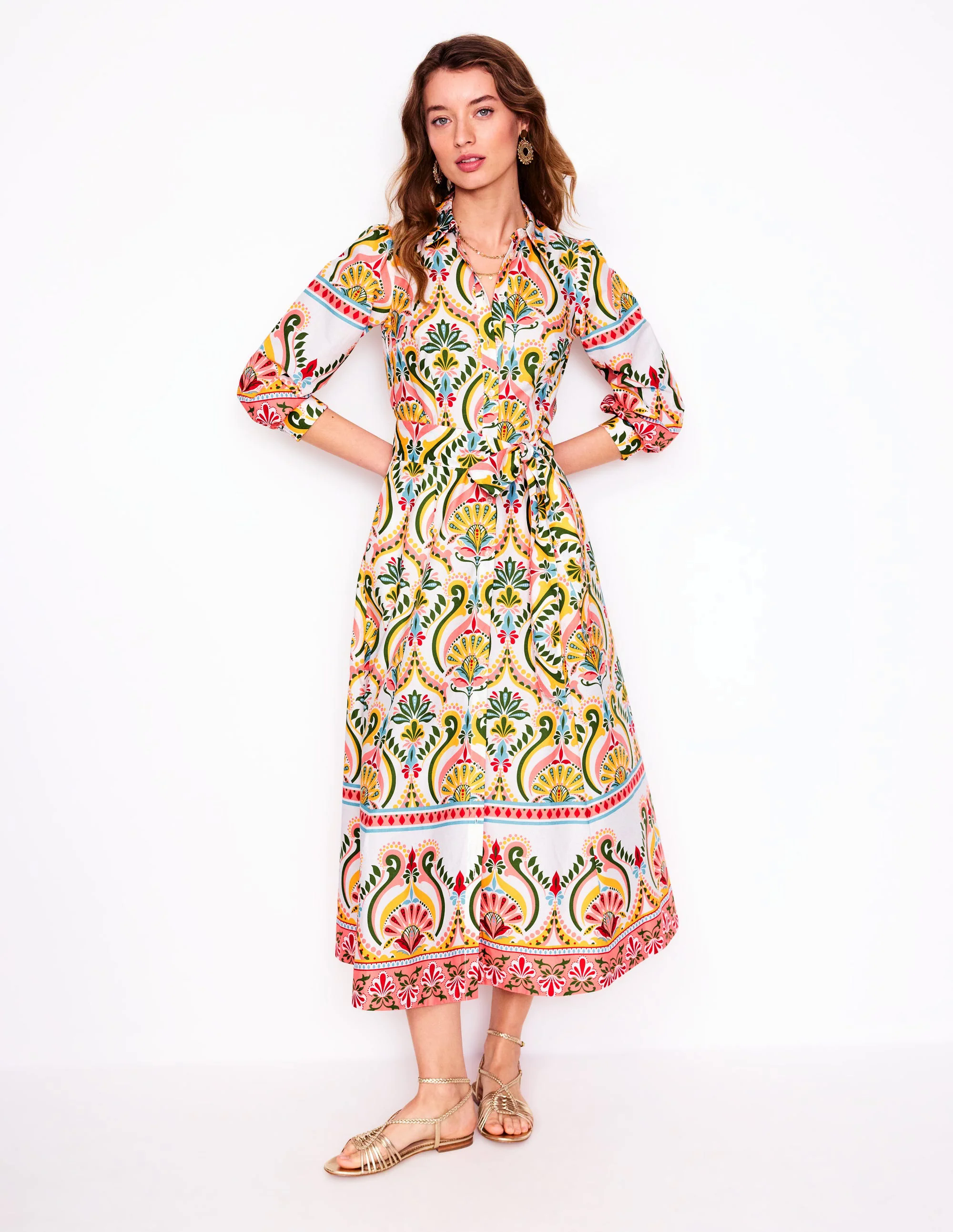  Cotton Shirt Dress-Multi, Ornamental Floral