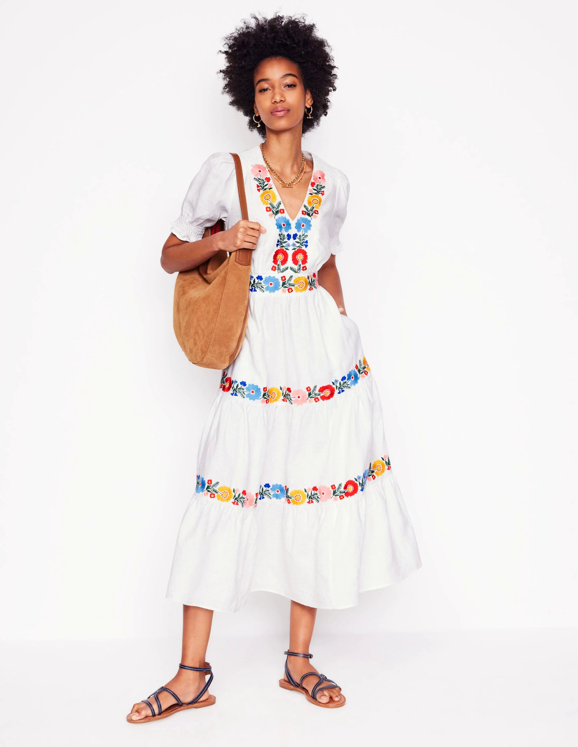  Linen Tiered Midi Dress-White, Multi Embroidery