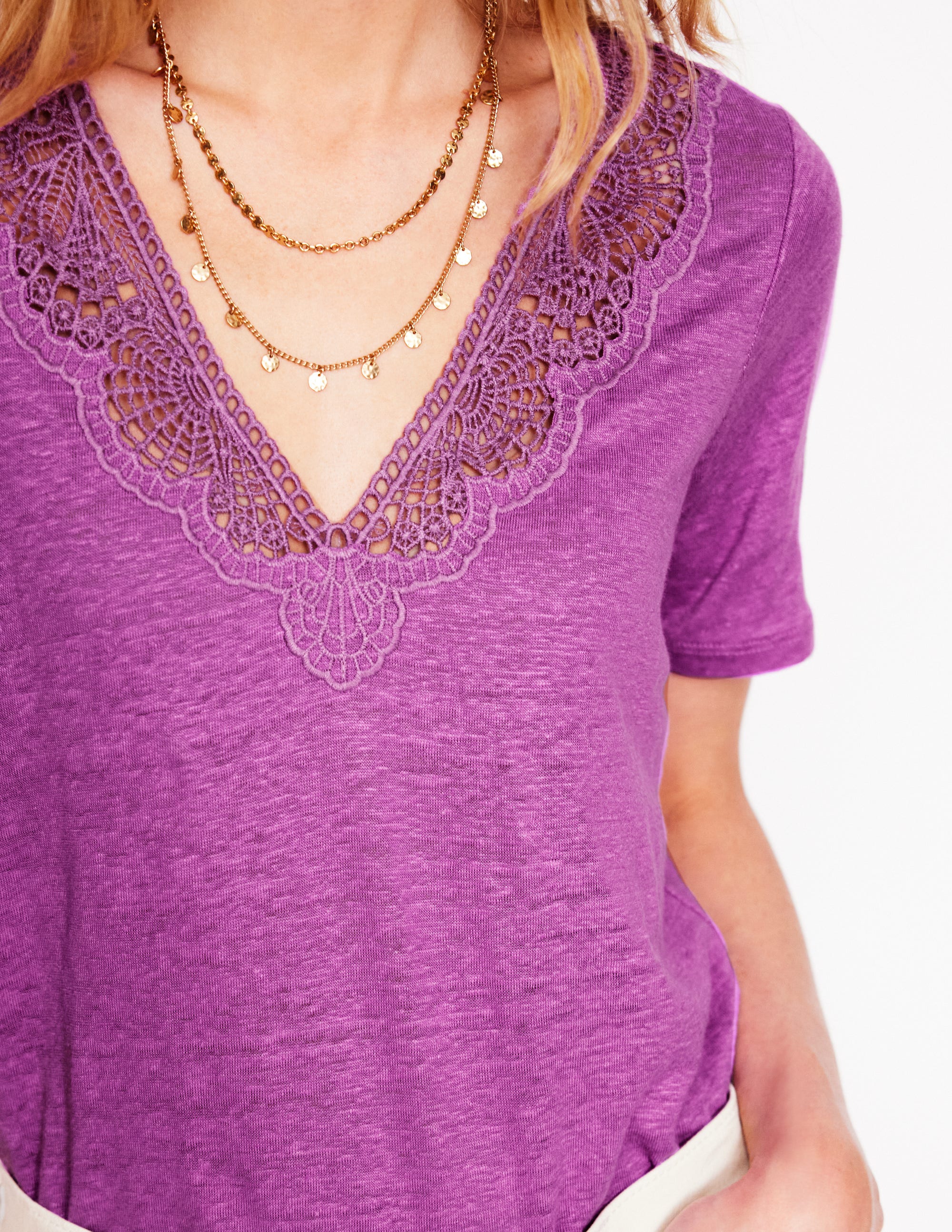 Lace Trim Linen T-shirt-Liatris Lace Trim Linen T-shirt-Liatris