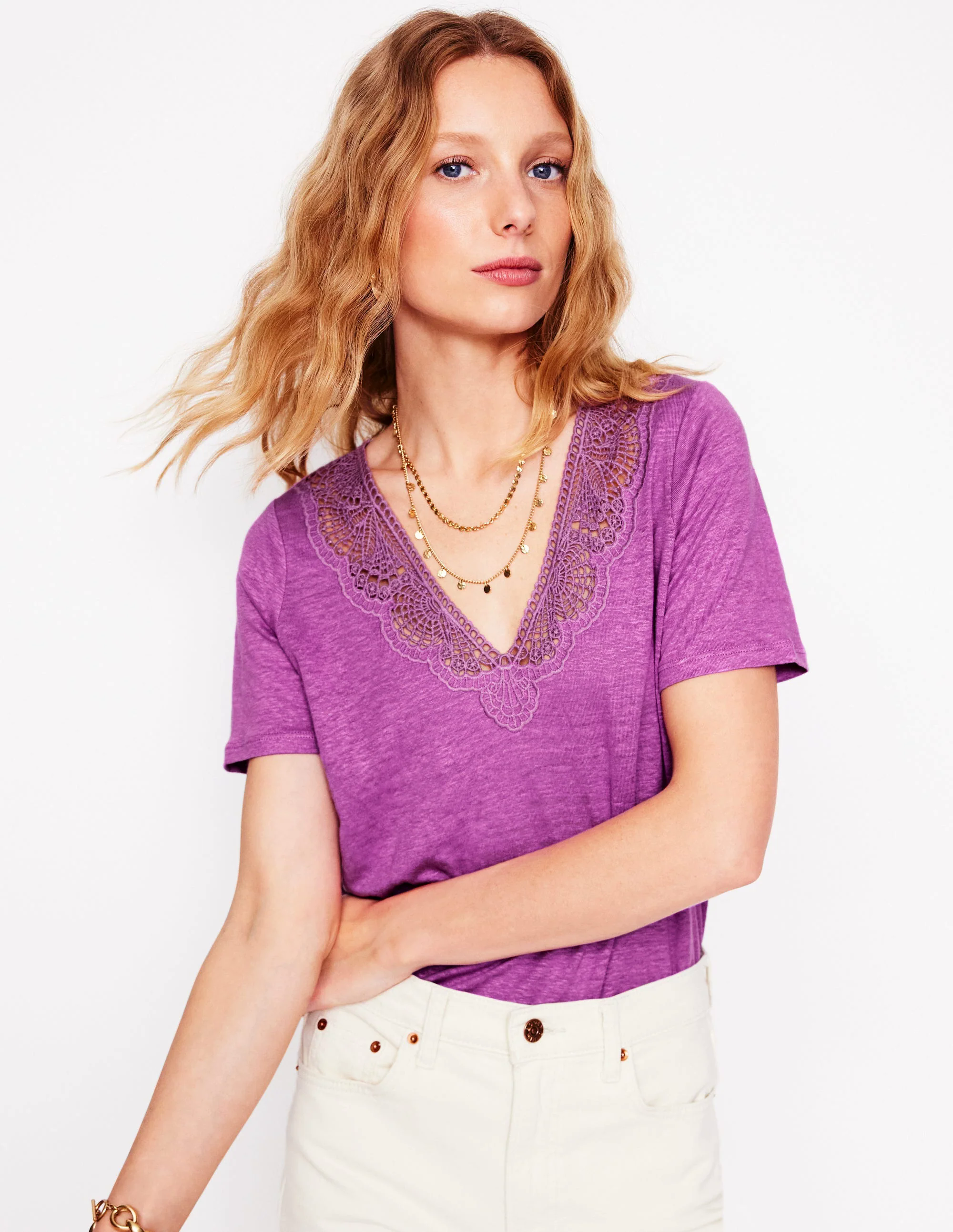 Lace Trim Linen T-shirt-Liatris Lace Trim Linen T-shirt-Liatris