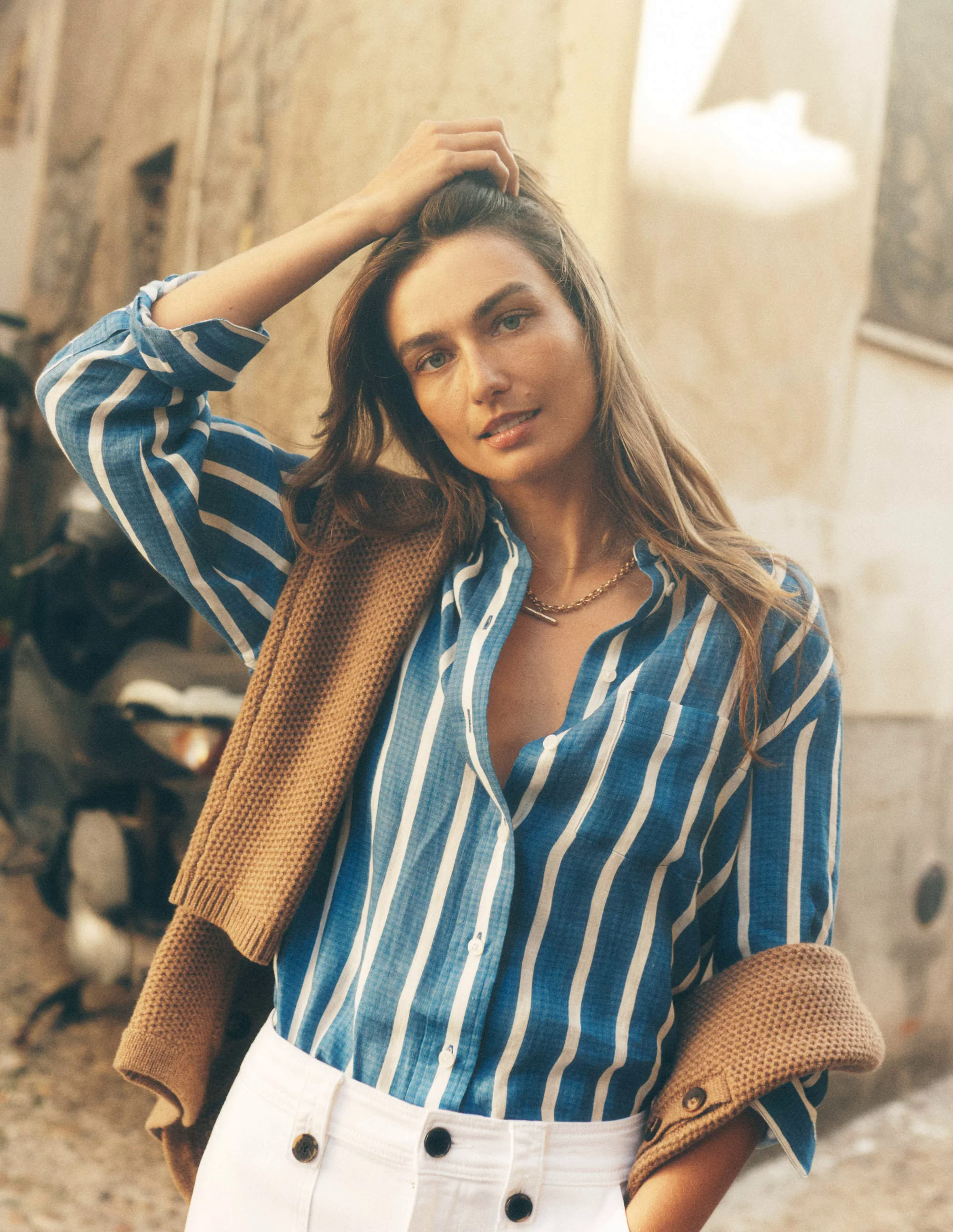Relaxed Linen Shirt-Bright Blue Woven Breton