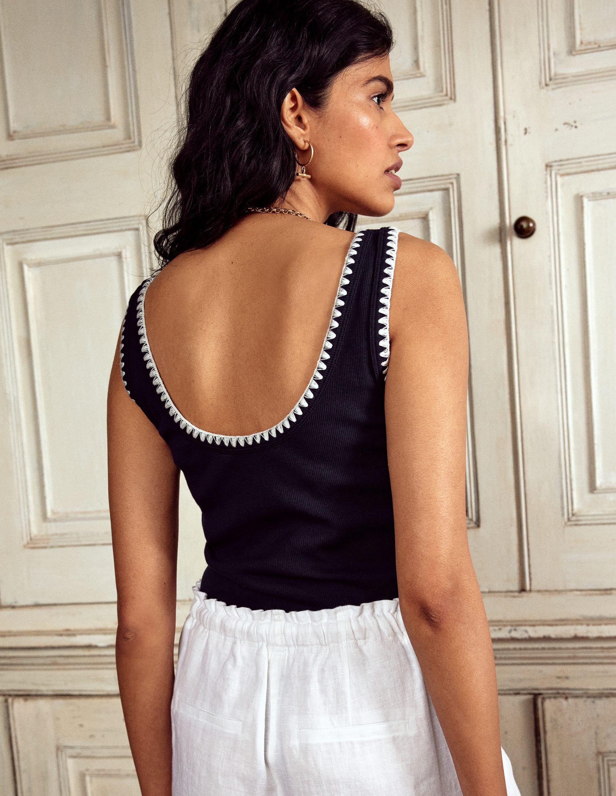 Crochet Trim Tank Top-Navy Crochet Trim Tank Top-Navy