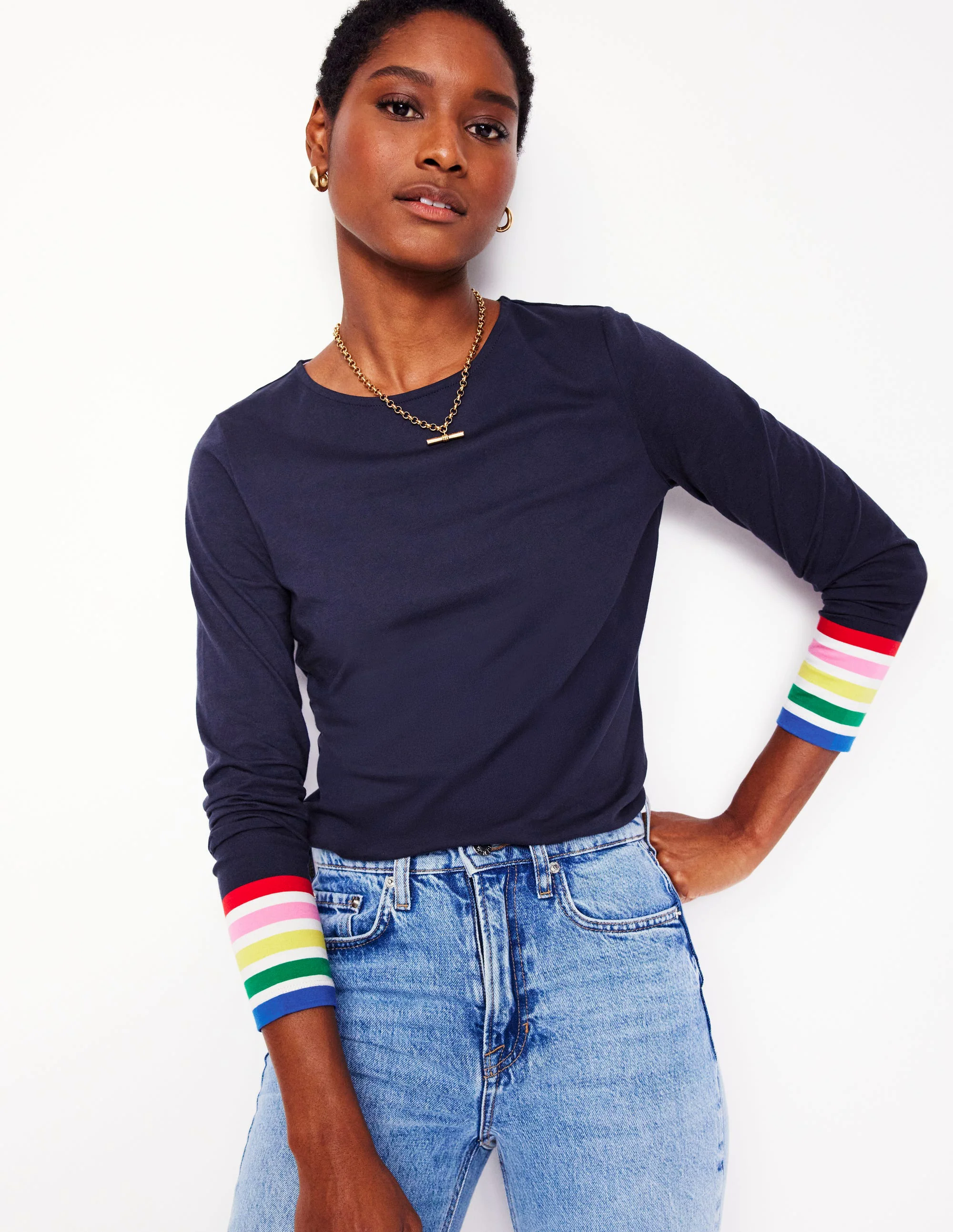 Stripe Cuff Top-Navy Rainbow Stripe Cuff Stripe Cuff Top-Navy Rainbow Stripe Cuff