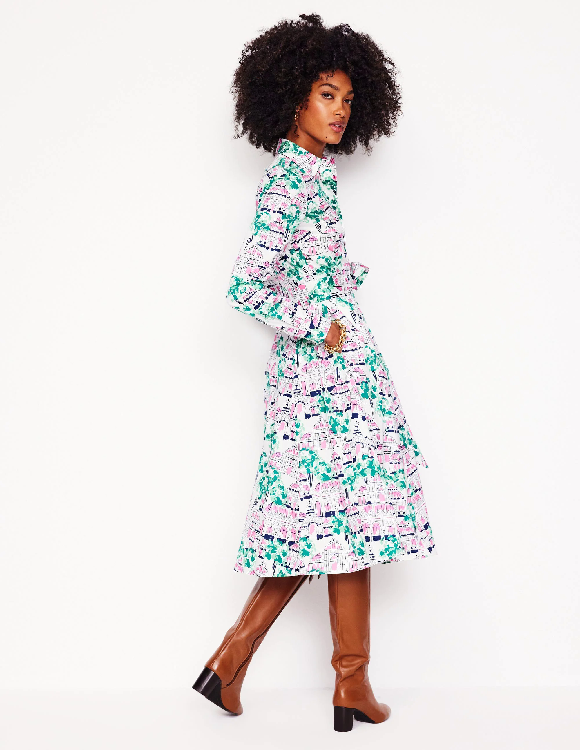  Cotton Midi Shirt Dress-Ivory, Botanical Greenhouse