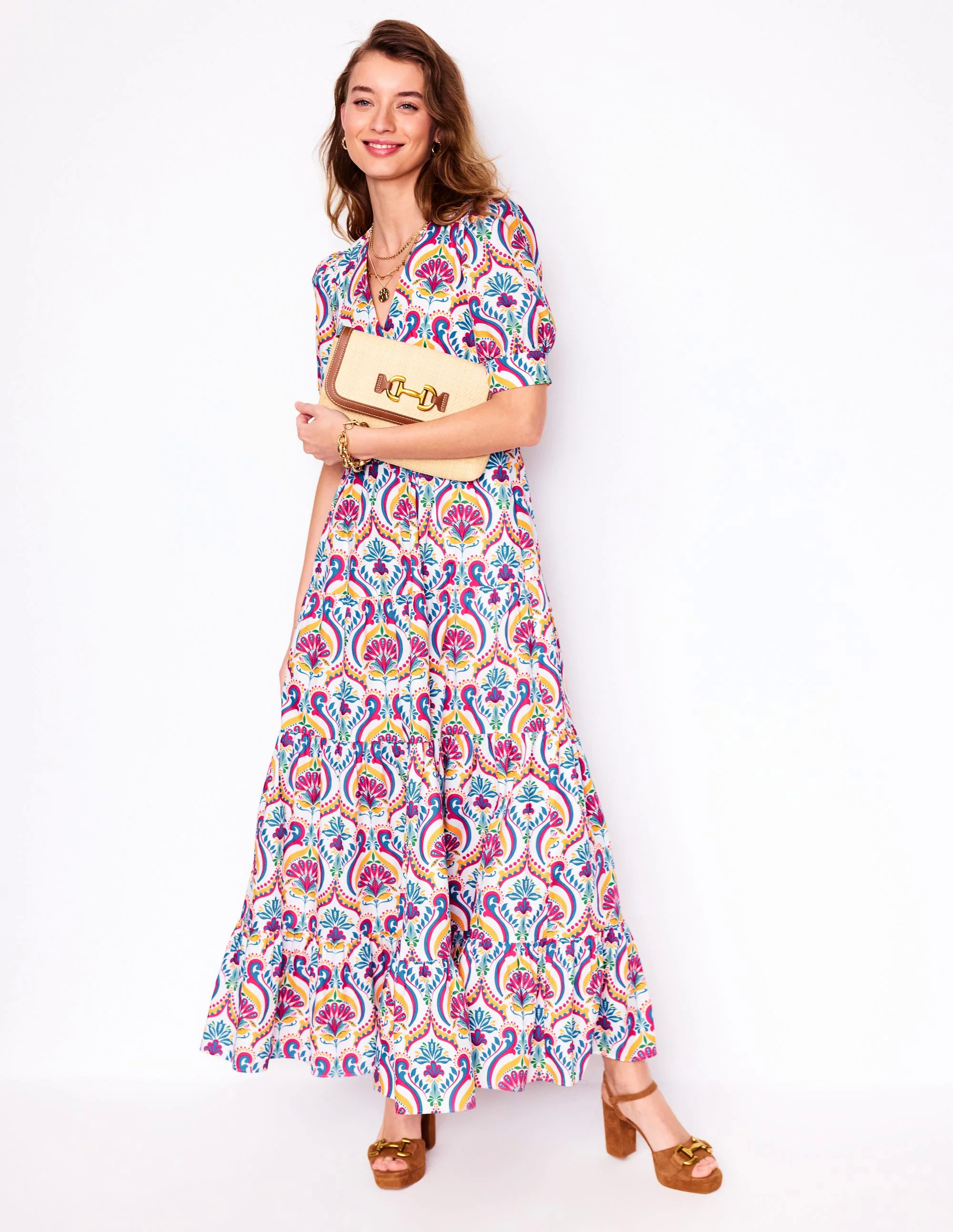  Puff Sleeve Maxi Dress-Multi, Ornamental Floral