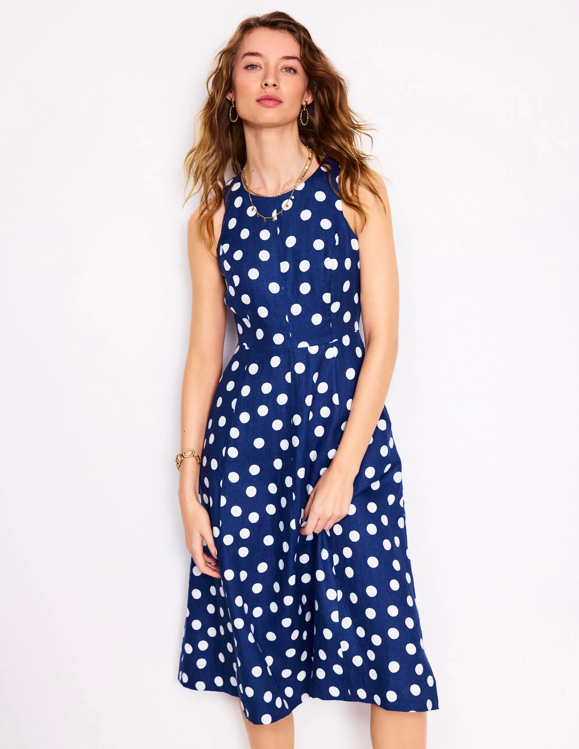 Linen Midi Dress-Starboard Blue, Painted Dot