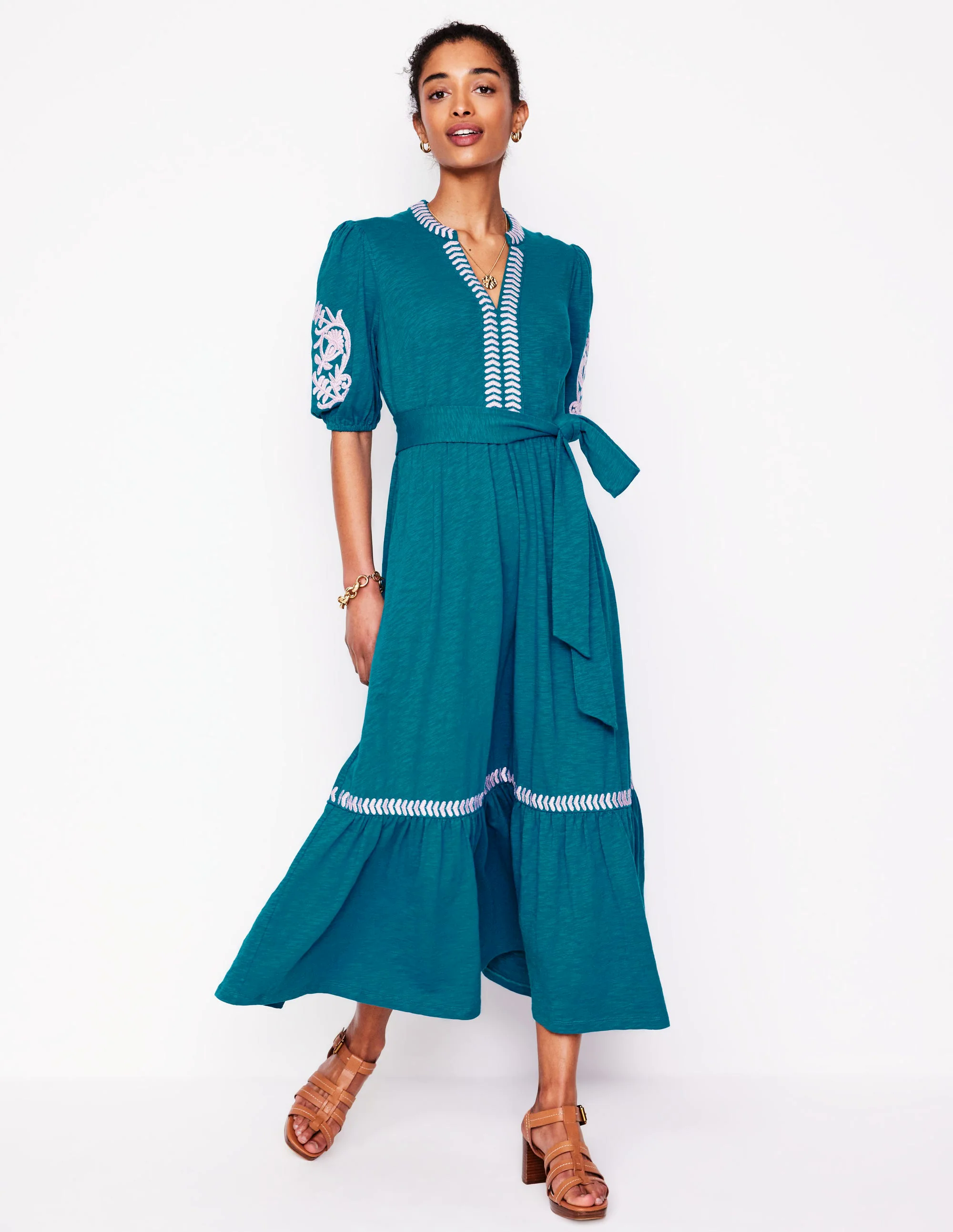 Embroidered Jersey Dress-Deep Sea, Meadowsweet Pink
