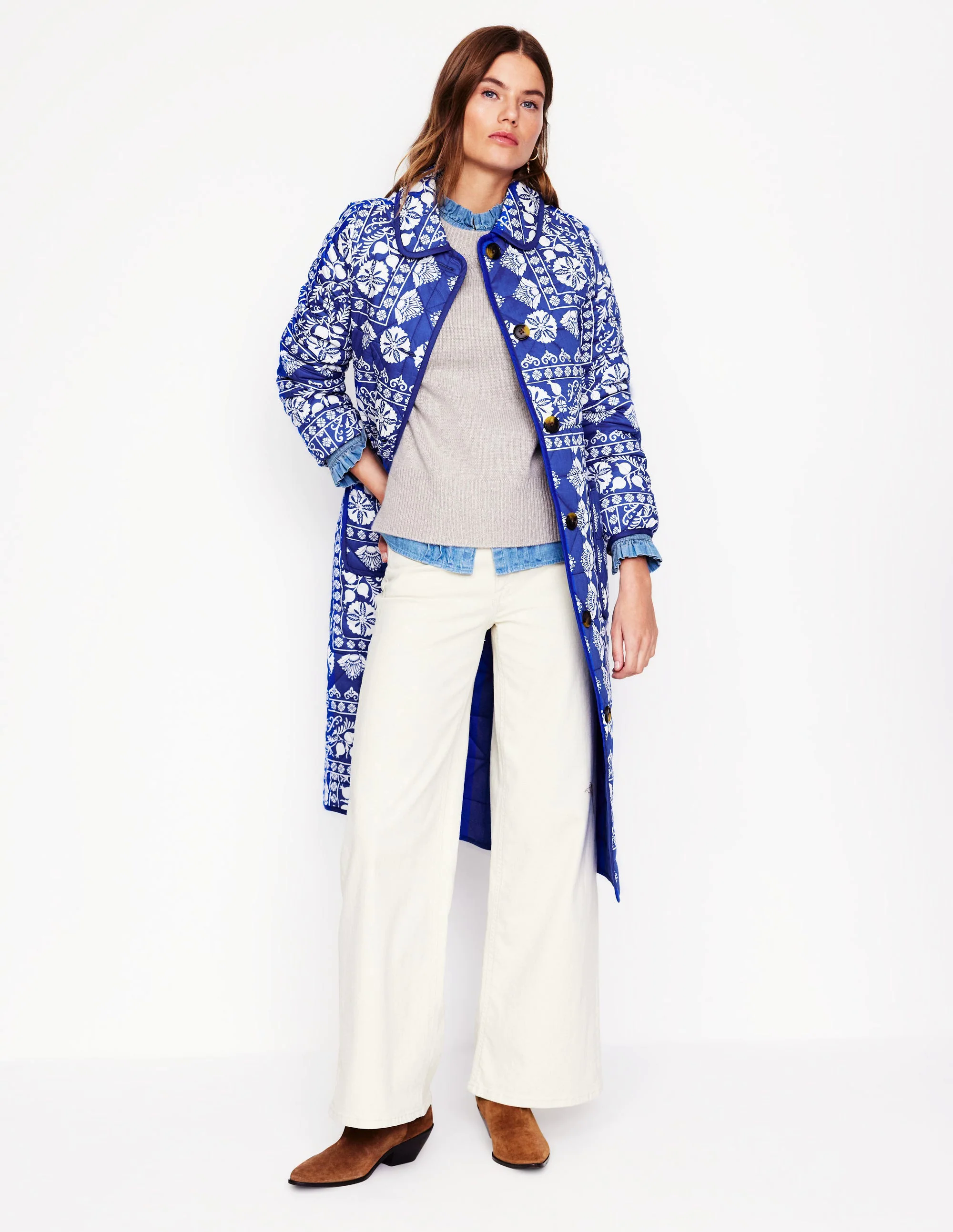Soft Quilted Coat-Bright Blue, Ornate Border Soft Quilted Coat-Bright Blue, Ornate Border