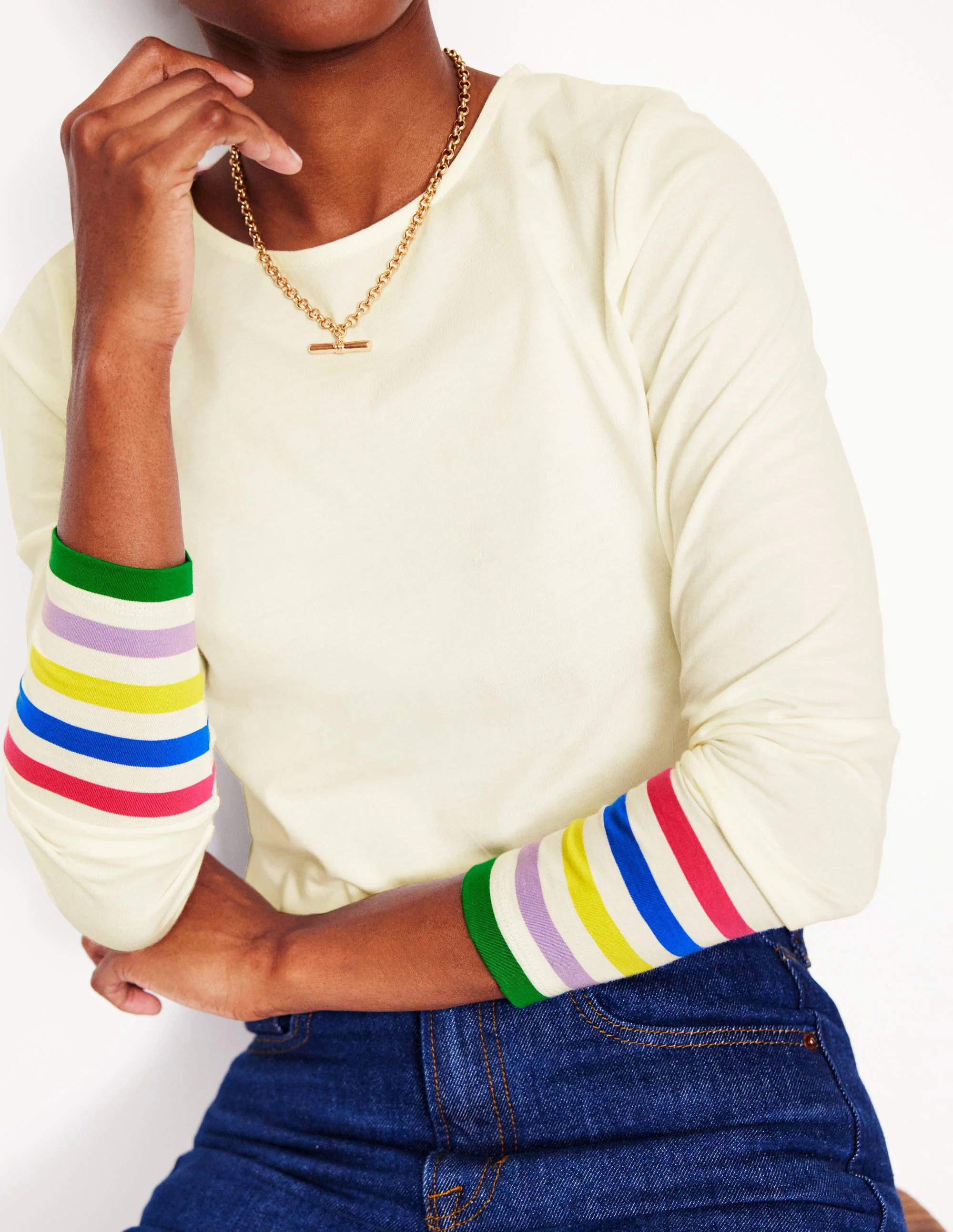 Stripe Cuff Top-Ivory Rainbow Stripe Cuff Stripe Cuff Top-Ivory Rainbow Stripe Cuff