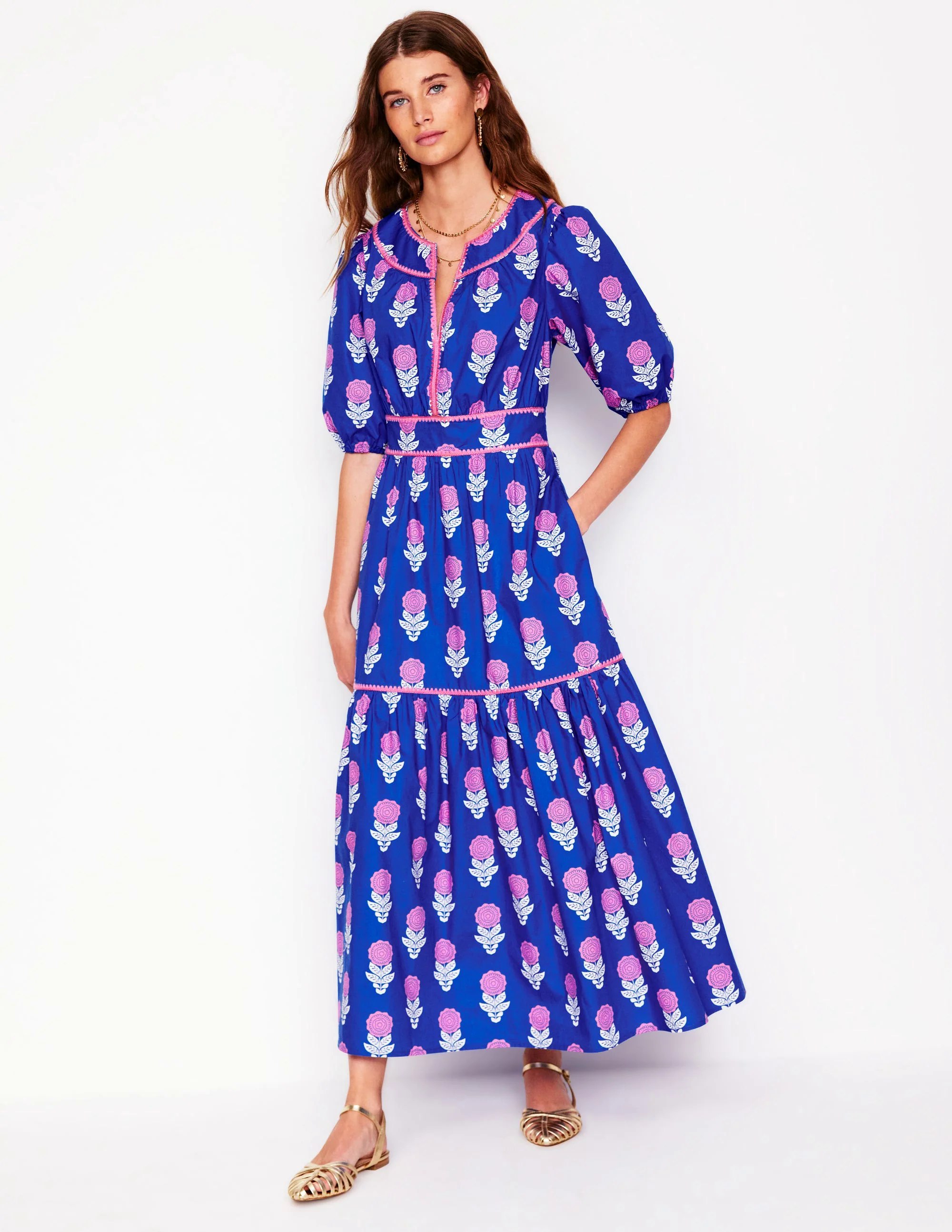  Embroidered Midi Dress-Gallery Blue, Dahlia Sprig