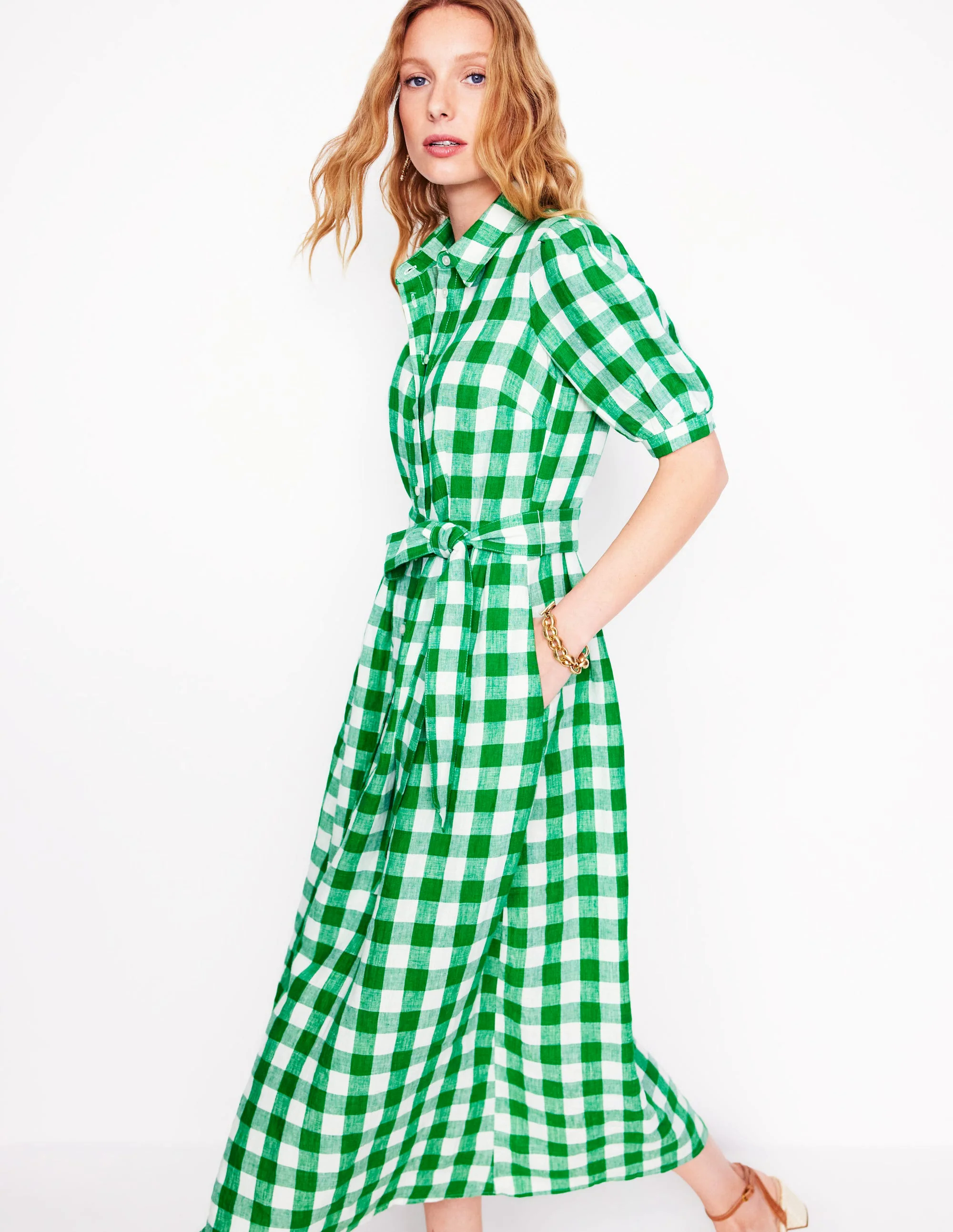  Linen Maxi Shirt Dress-Rich Emerald Gingham