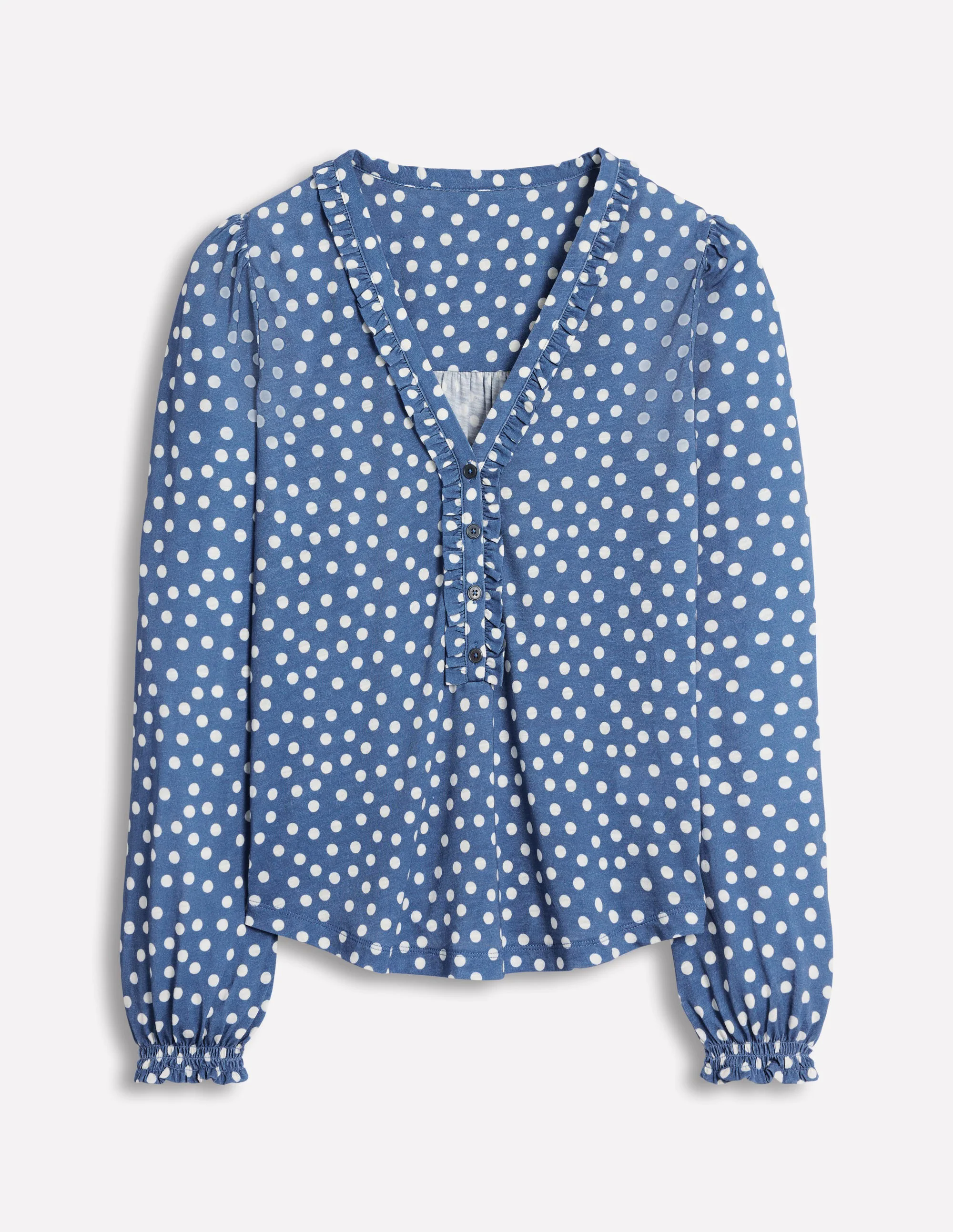 Ruffled Henley Top-Blue River, Abstract Spot