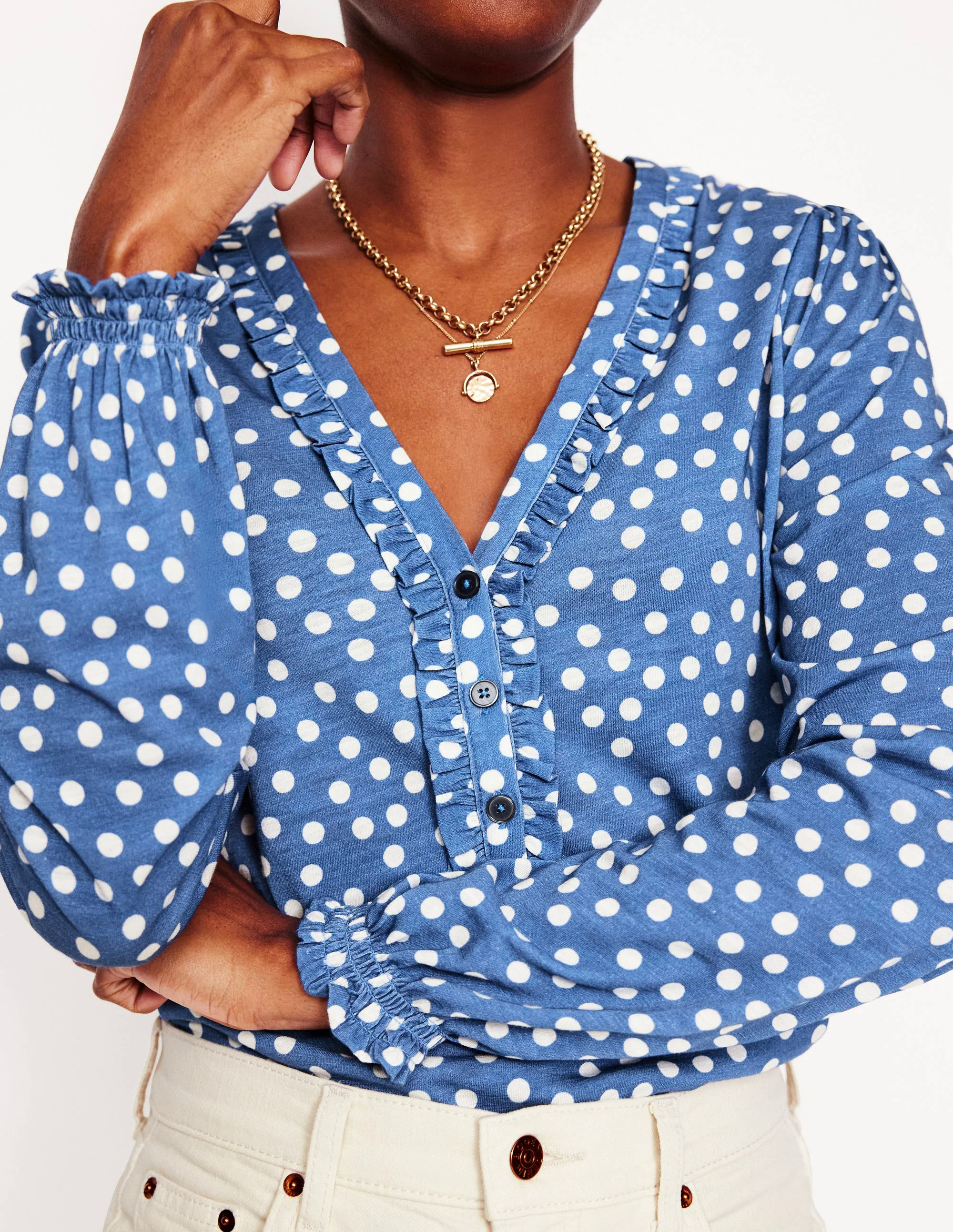 Ruffled Henley Top-Blue River, Abstract Spot