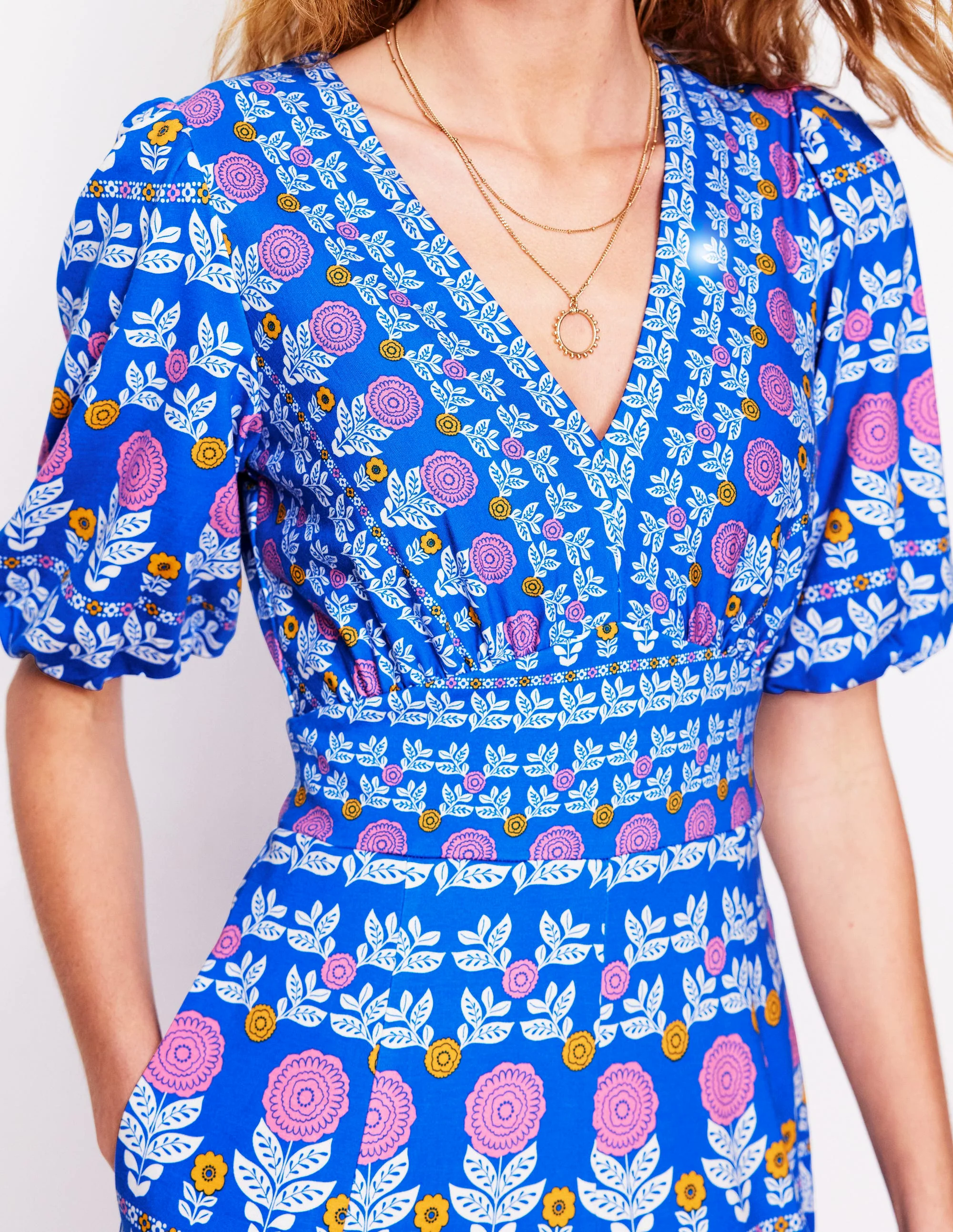  Puff Sleeve Tea Dress-Gallery Blue, Dahlia Garden