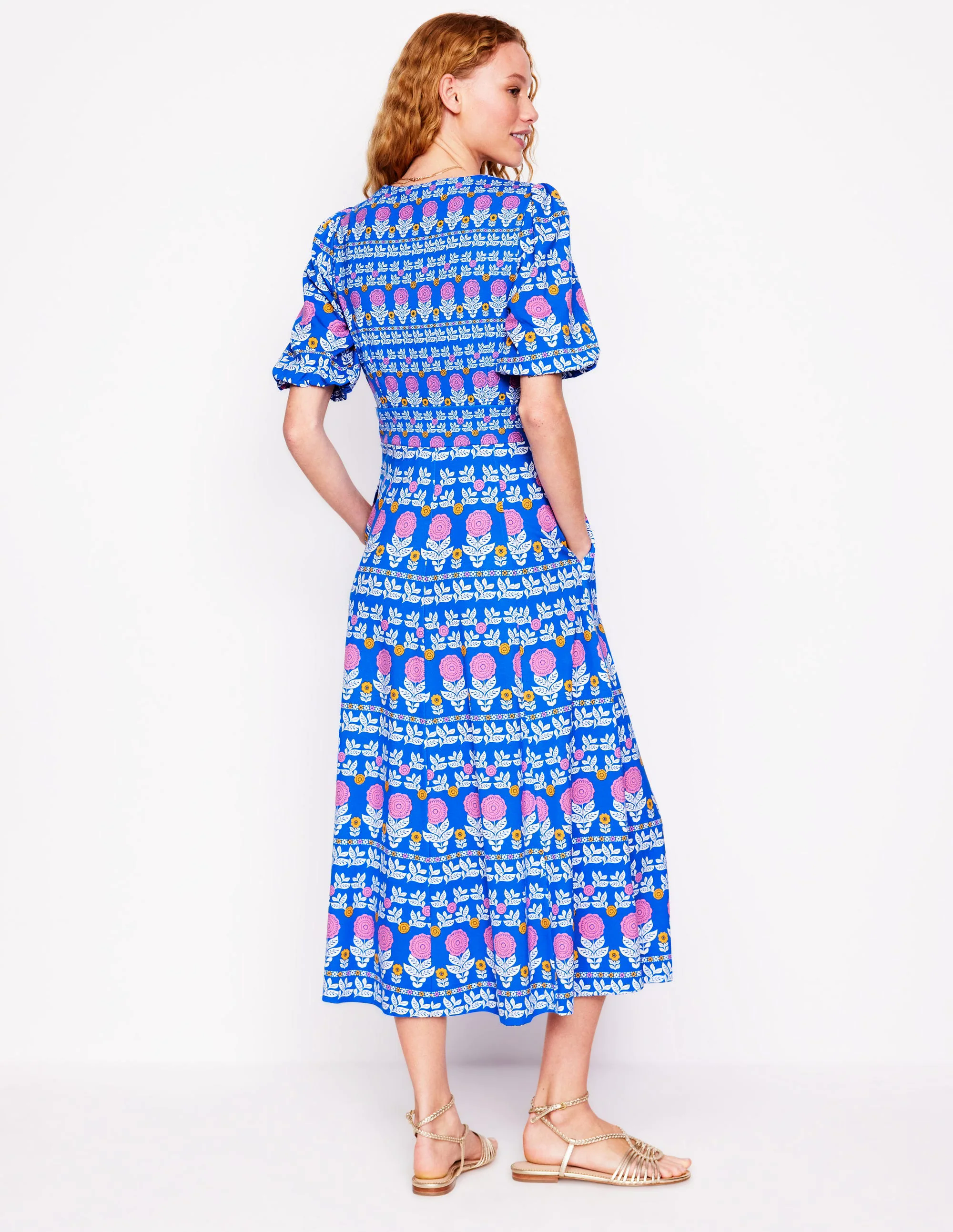  Puff Sleeve Tea Dress-Gallery Blue, Dahlia Garden