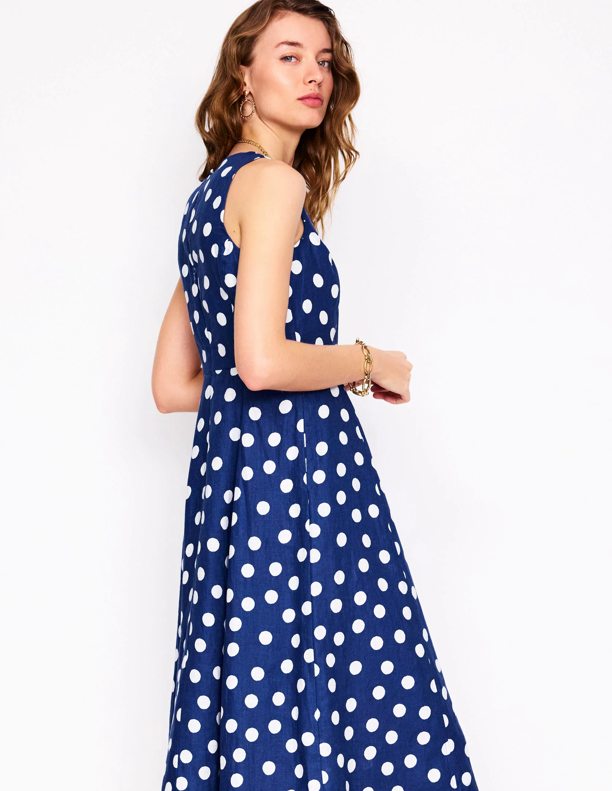 Linen Midi Dress-Starboard Blue, Painted Dot