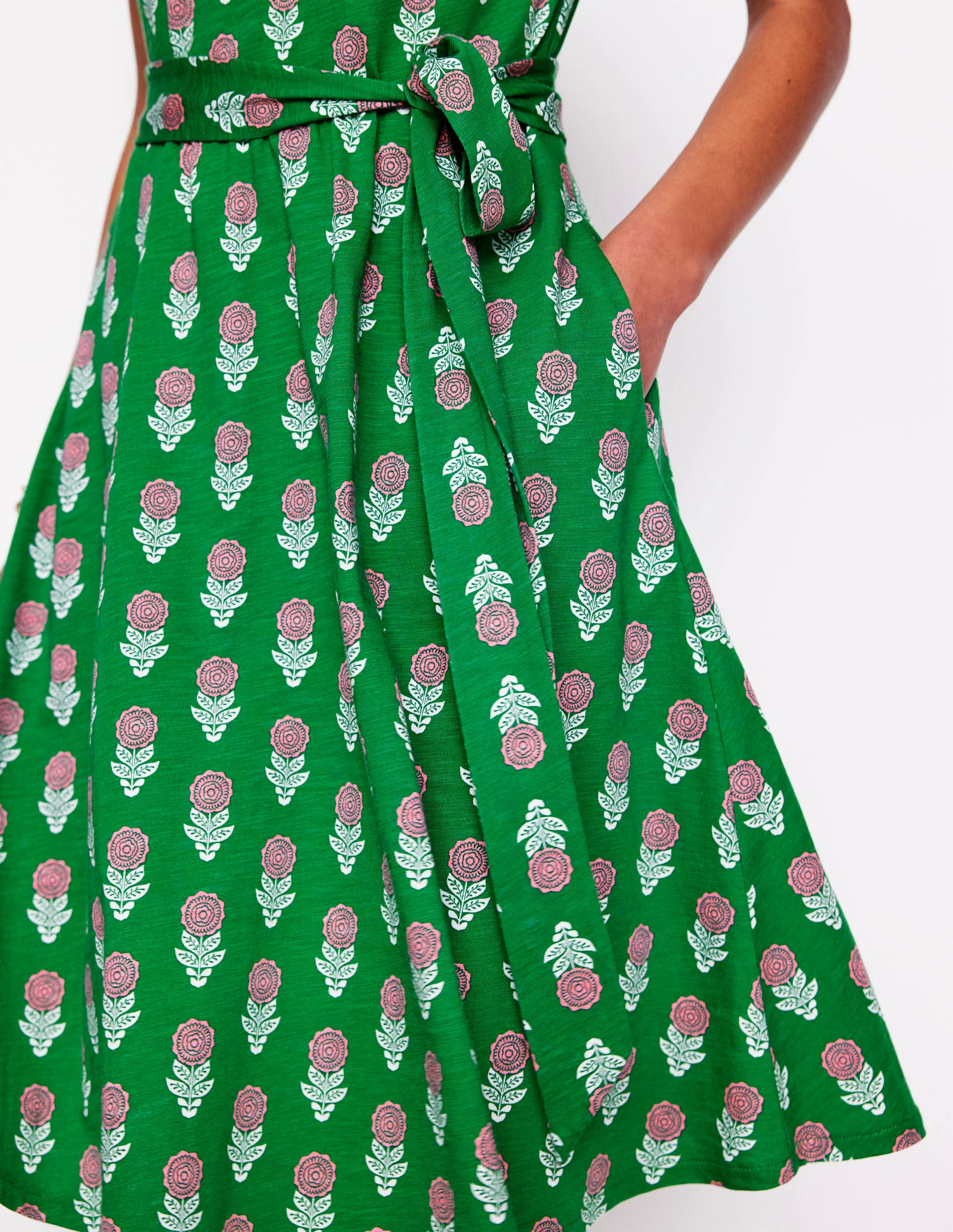 Mila Trim Short Jersey Dress-Rich Emerald, Dahlia Sprig Mila Trim Short Jersey Dress-Rich Emerald, Dahlia Sprig