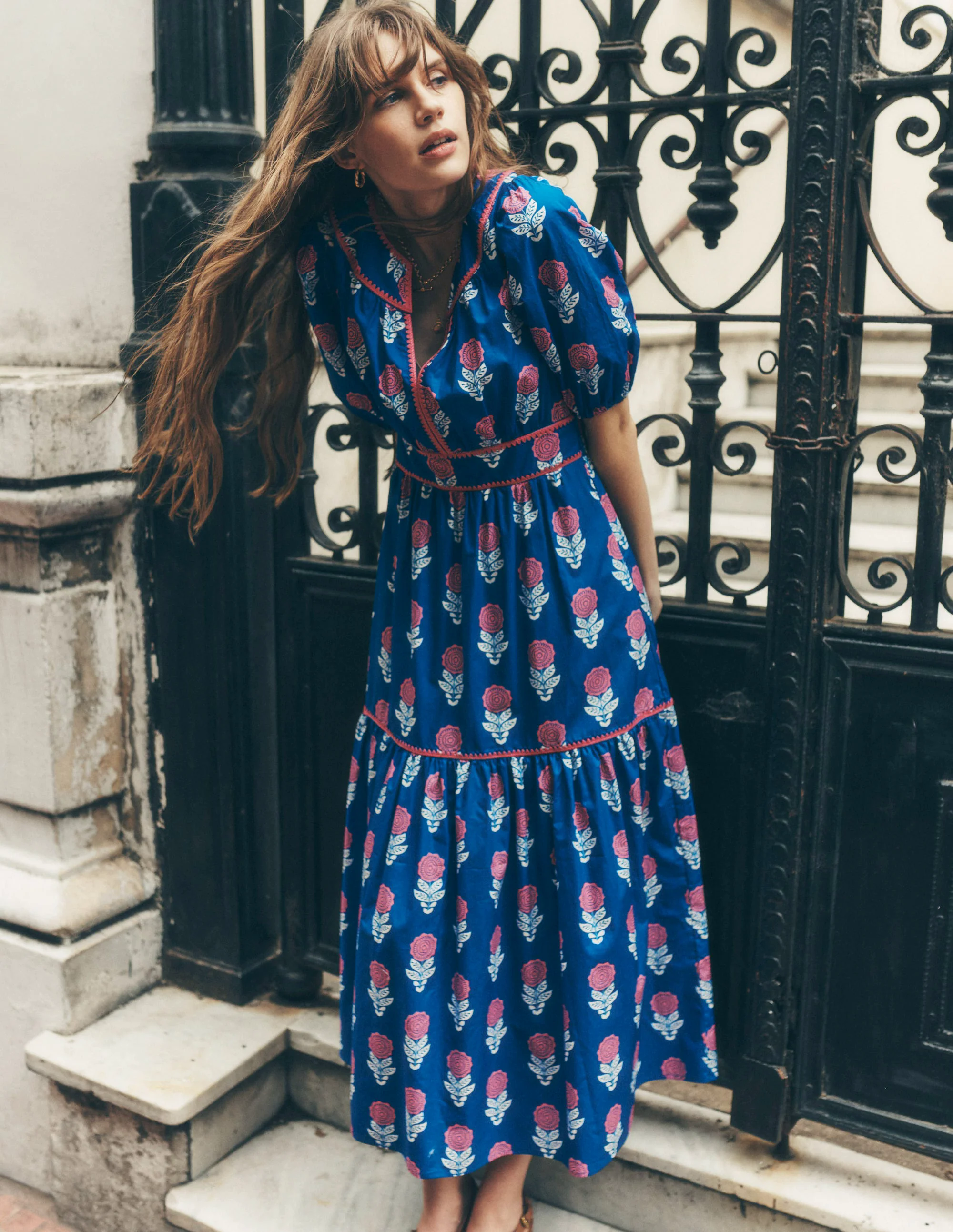 Embroidered Midi Dress-Gallery Blue, Dahlia Sprig