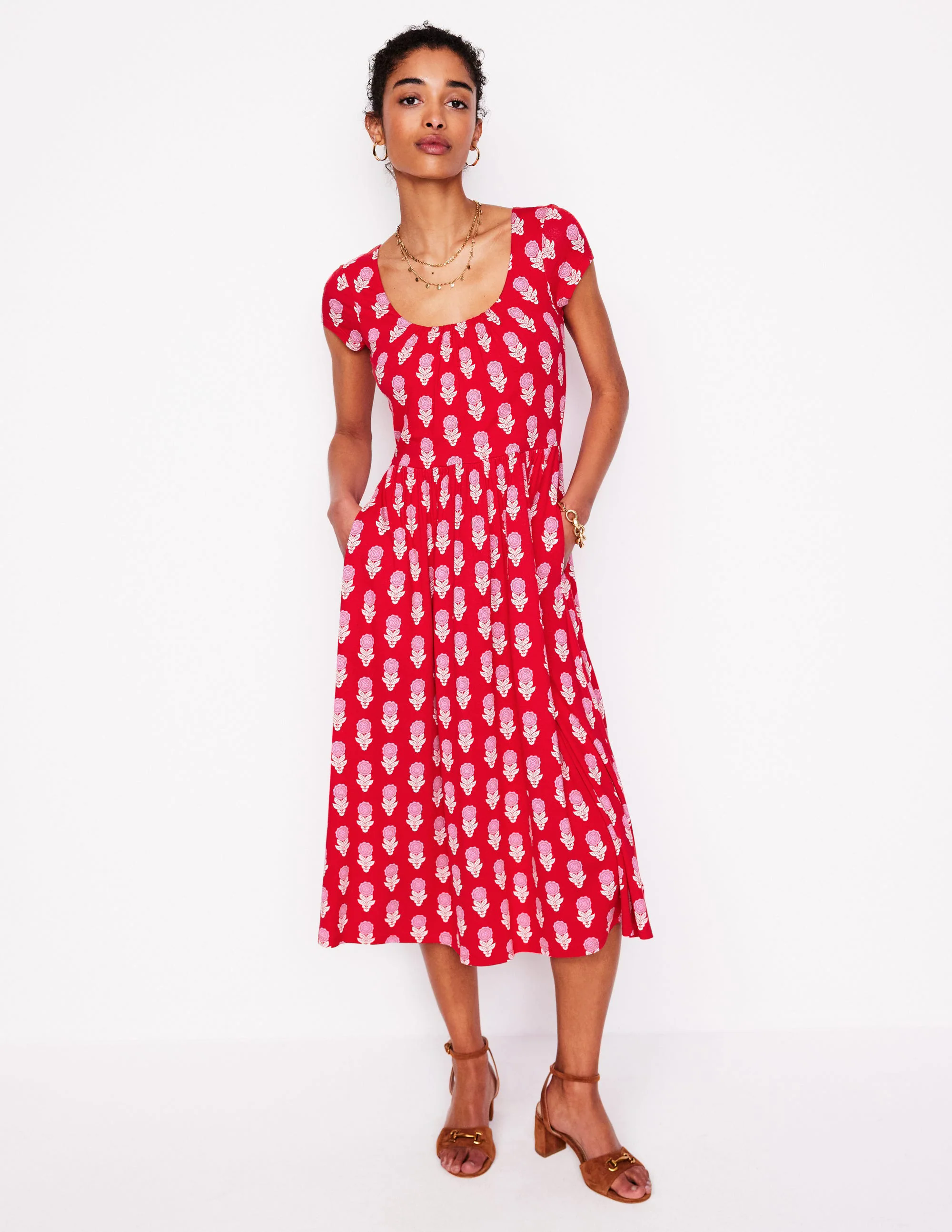  Jersey Dress-Poppy Red, Dahlia Sprig