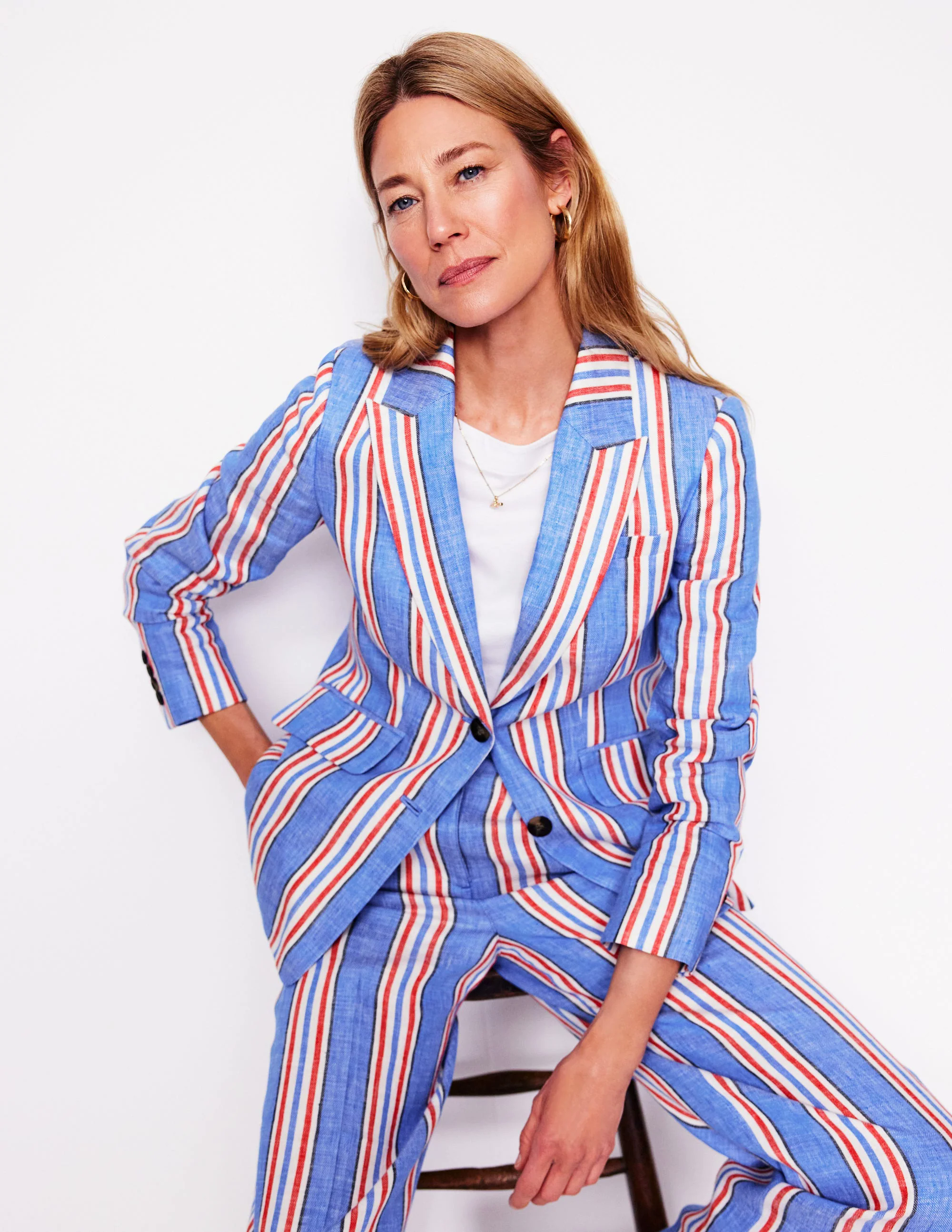  Linen Blazer-Peacock Plume, Red Stripe