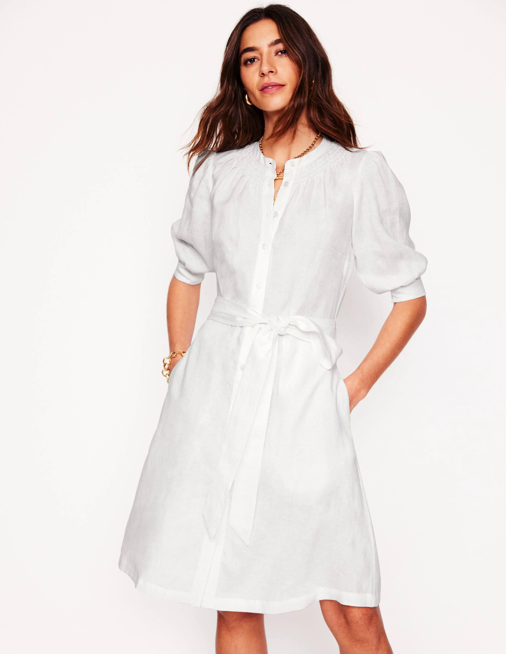  Linen Short Dress-White