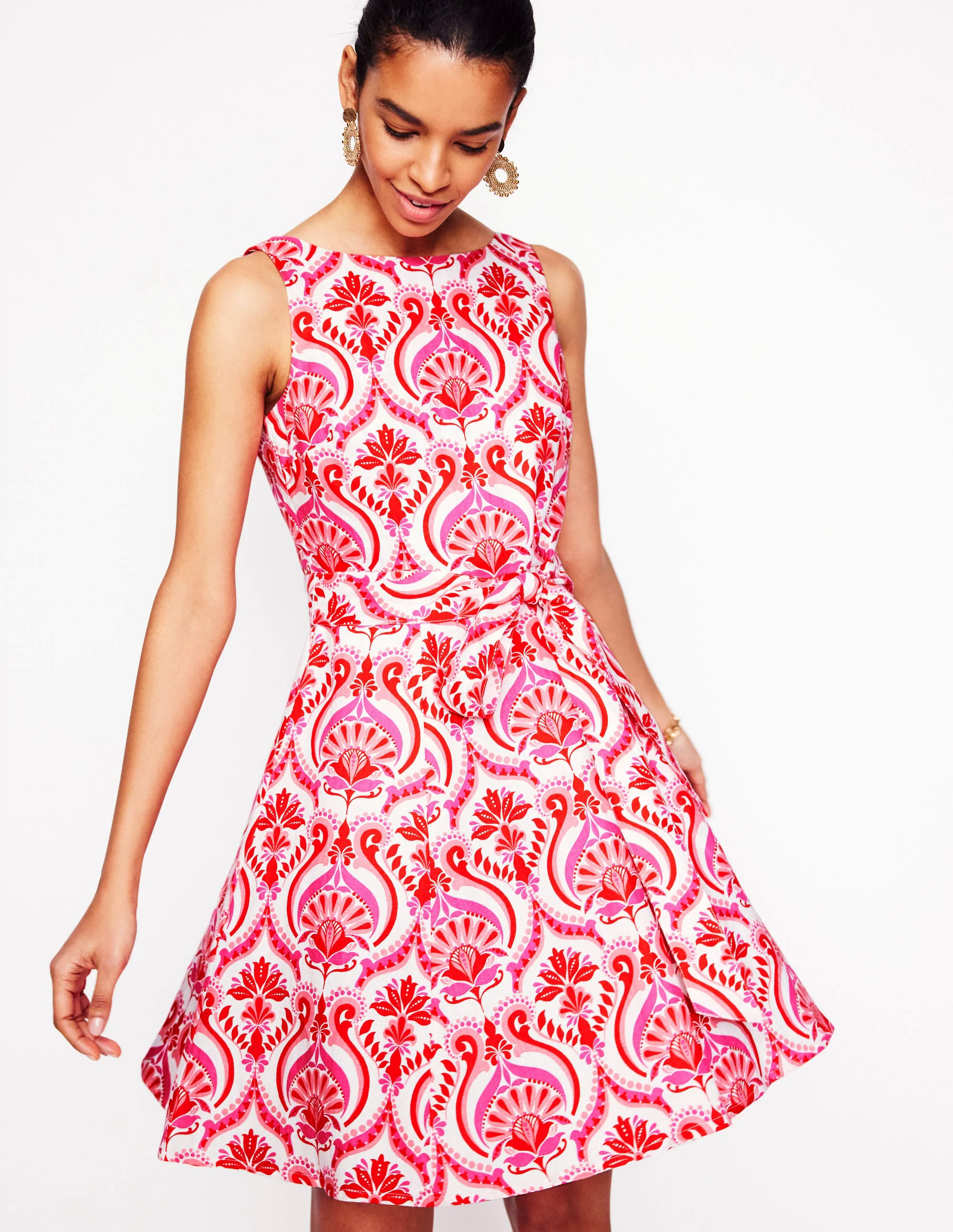  Sleeveless Linen Dress-Poppy Red, Ornamental Floral