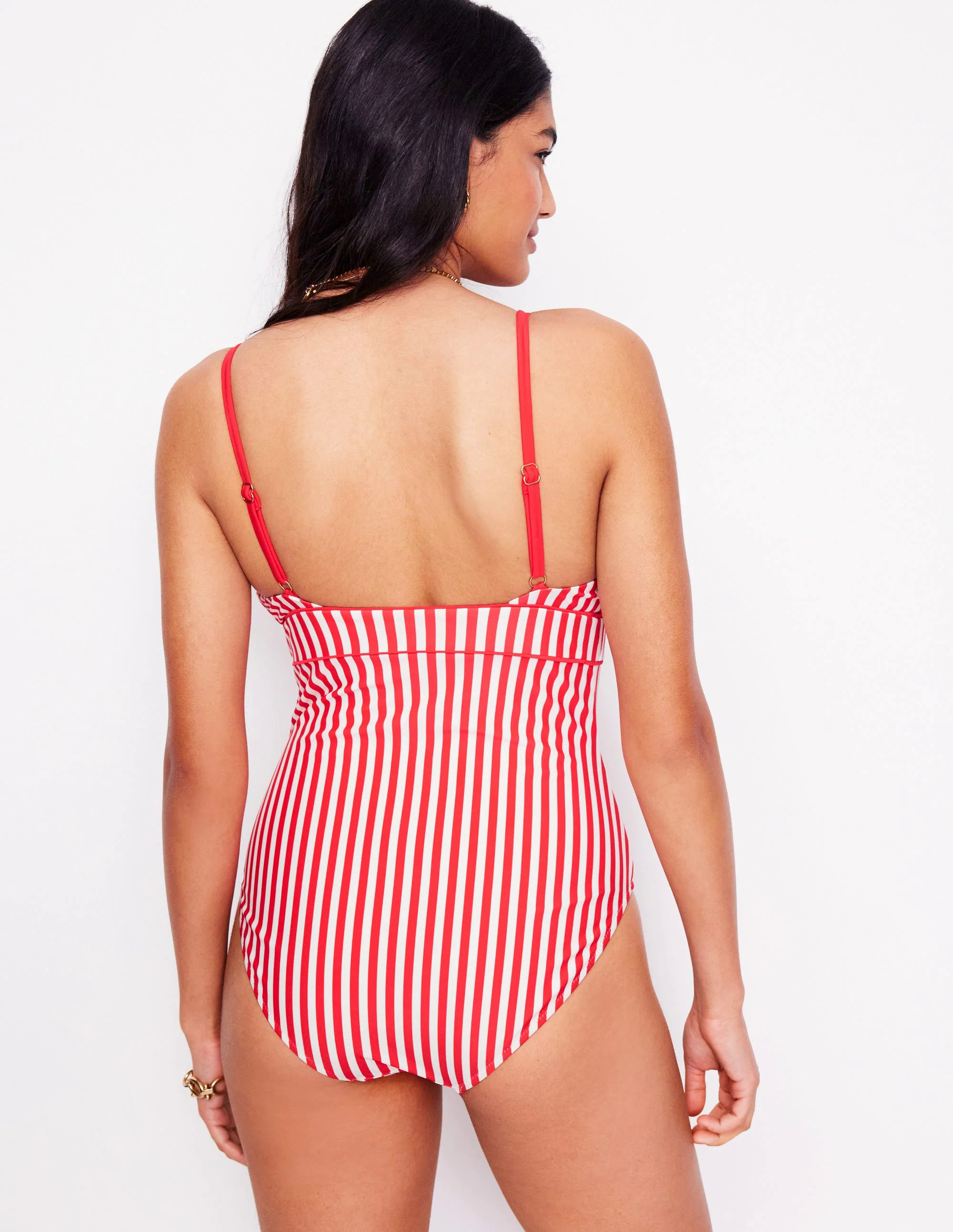  String V Neck Swimsuit-Coral Punch/ Ivory Stripe